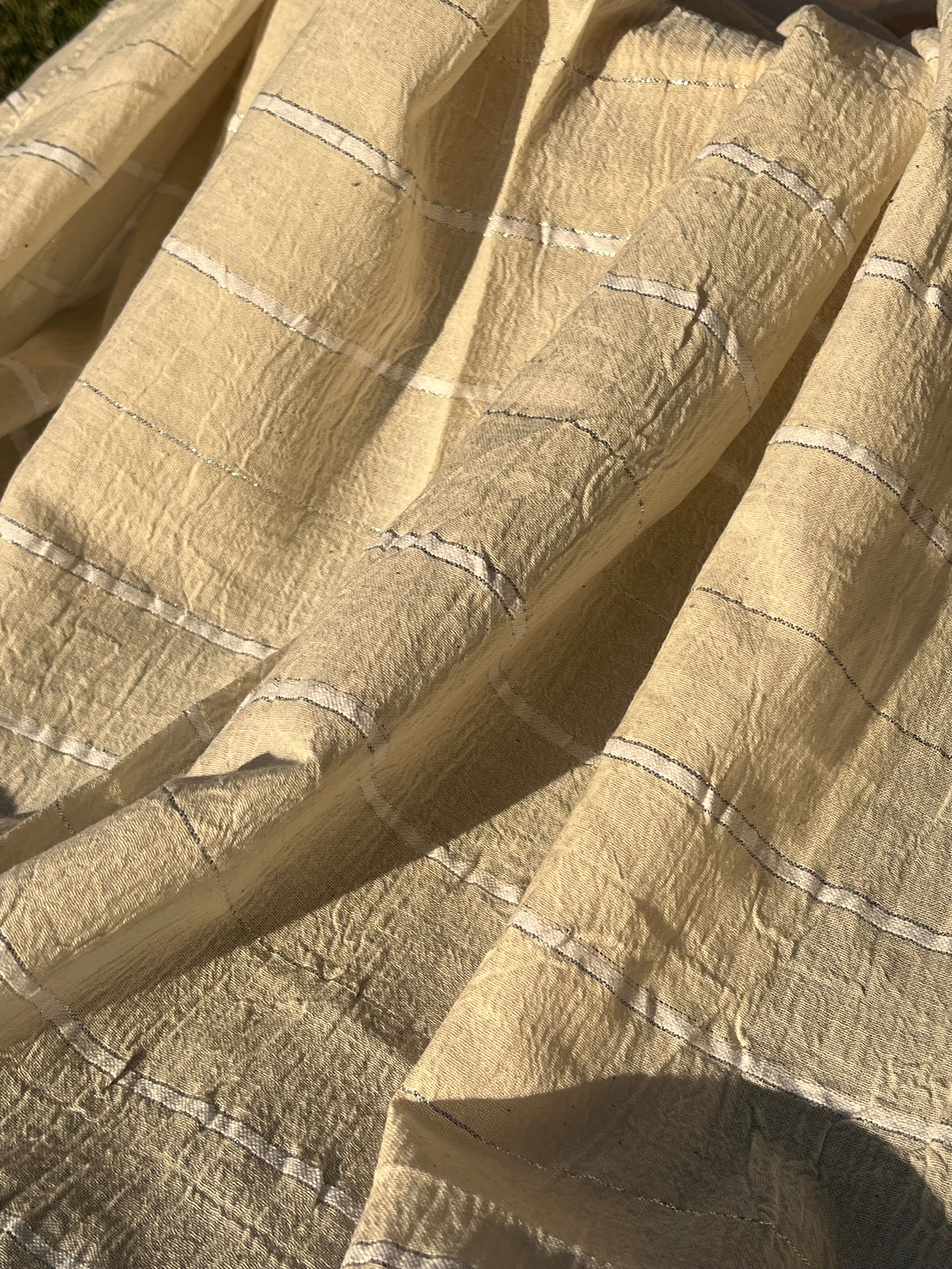 Ivory Unbleached Gauze Organic Cotton Fabric With Glitter Stripes, Silver & Gold