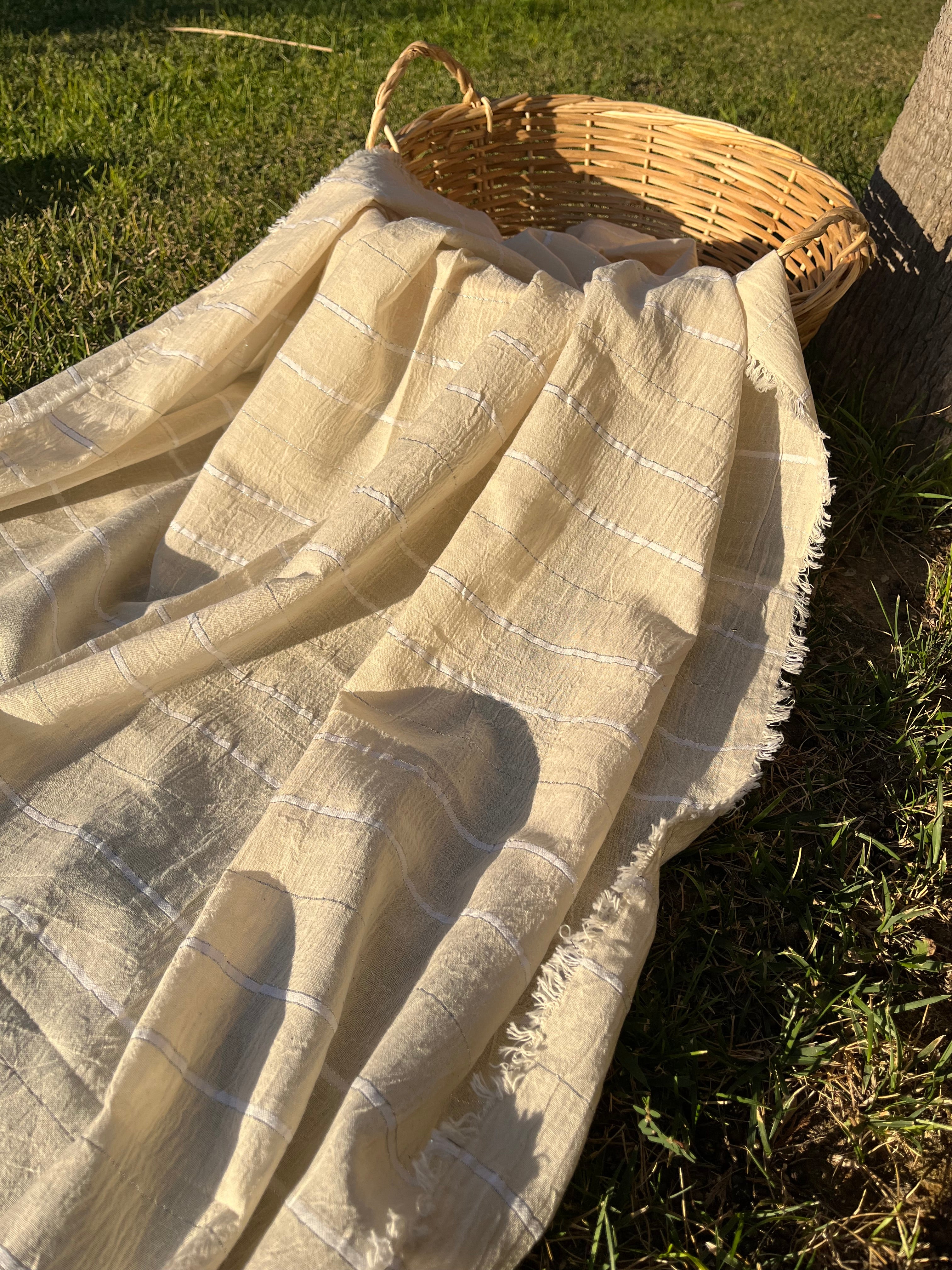 Ivory Unbleached Gauze Organic Cotton Fabric With Glitter Stripes, Silver & Gold