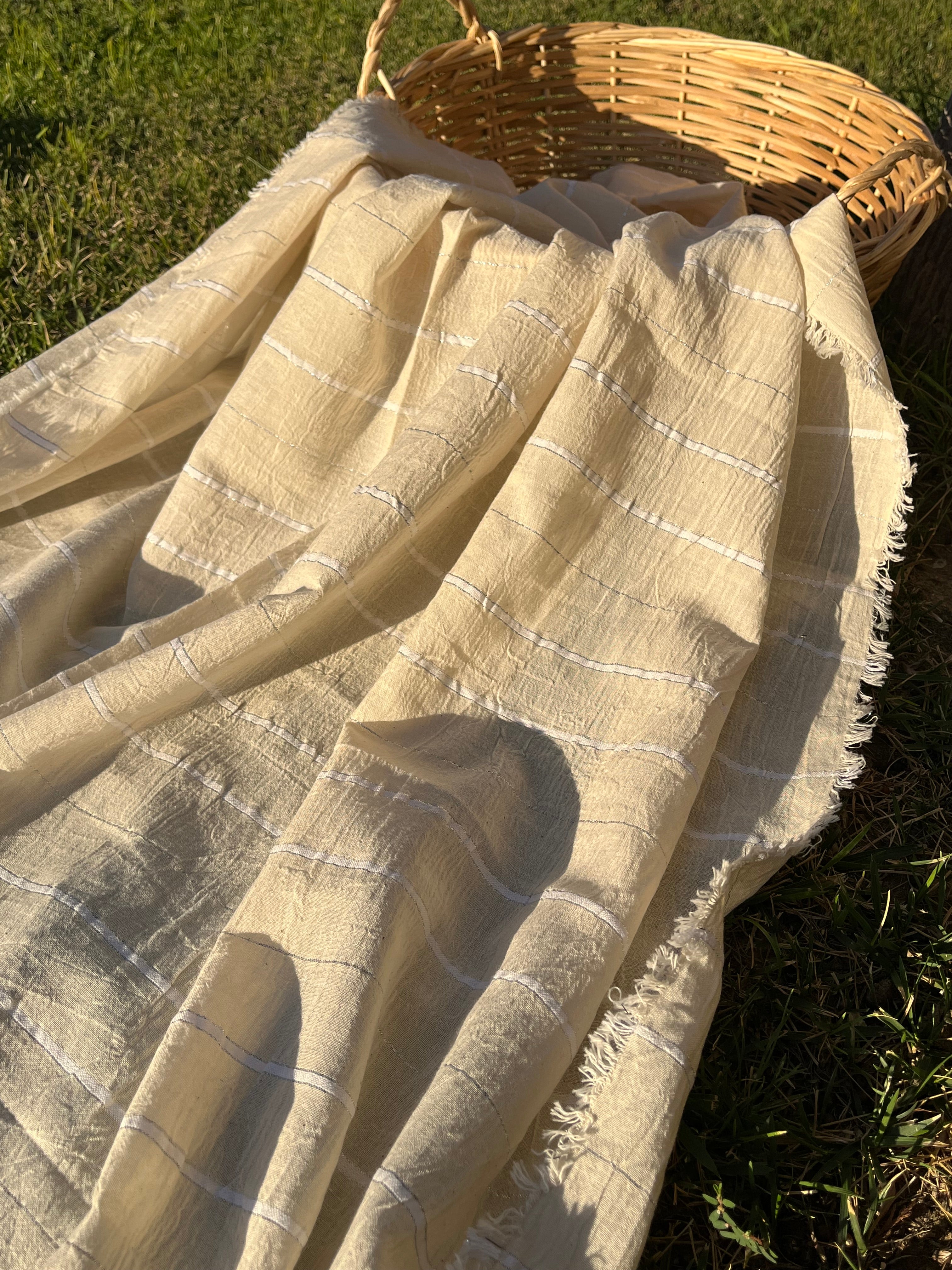 Ivory Unbleached Gauze Organic Cotton Fabric With Glitter Stripes, Silver & Gold