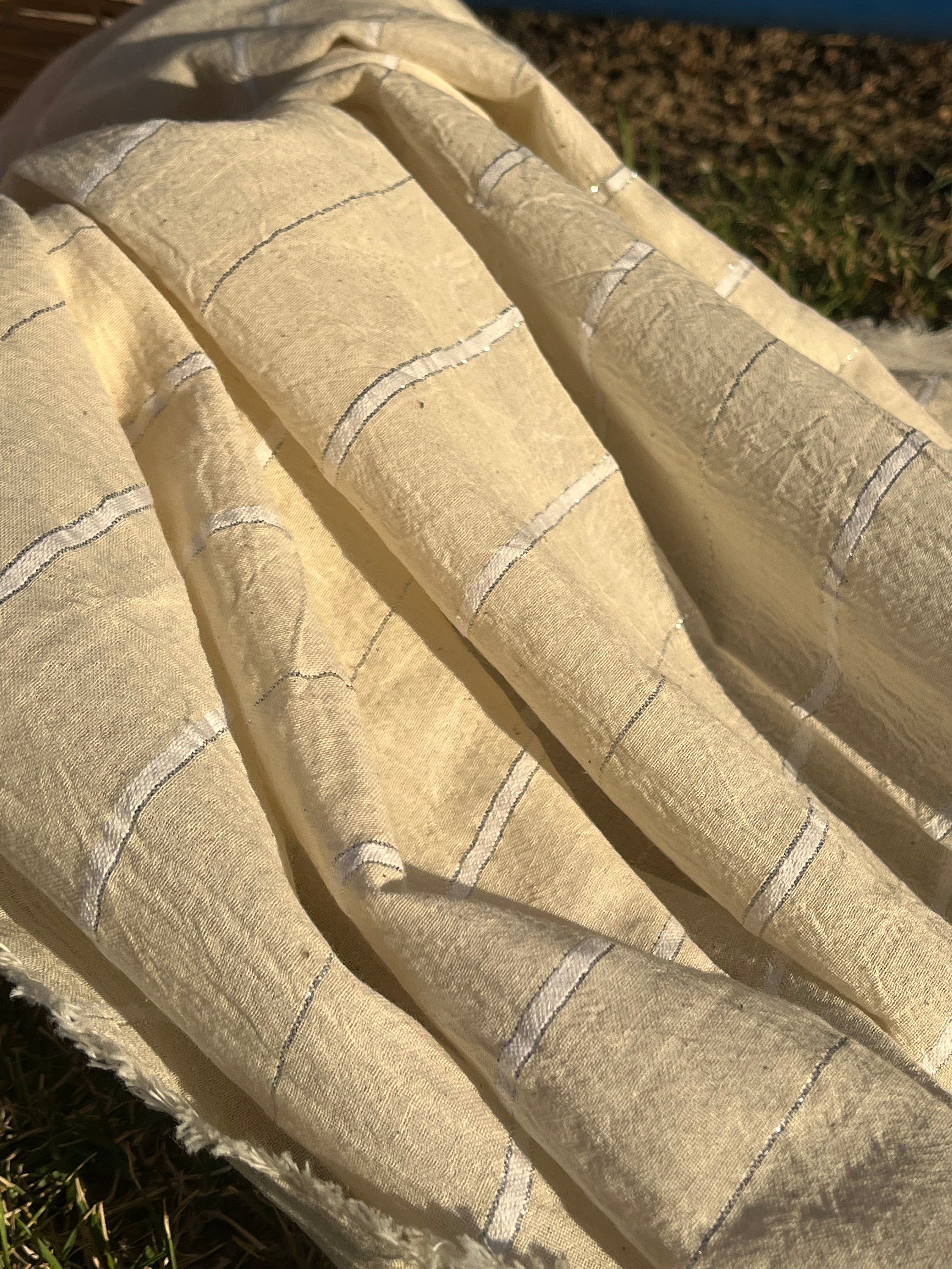 Ivory Unbleached Gauze Organic Cotton Fabric With Glitter Stripes, Silver & Gold
