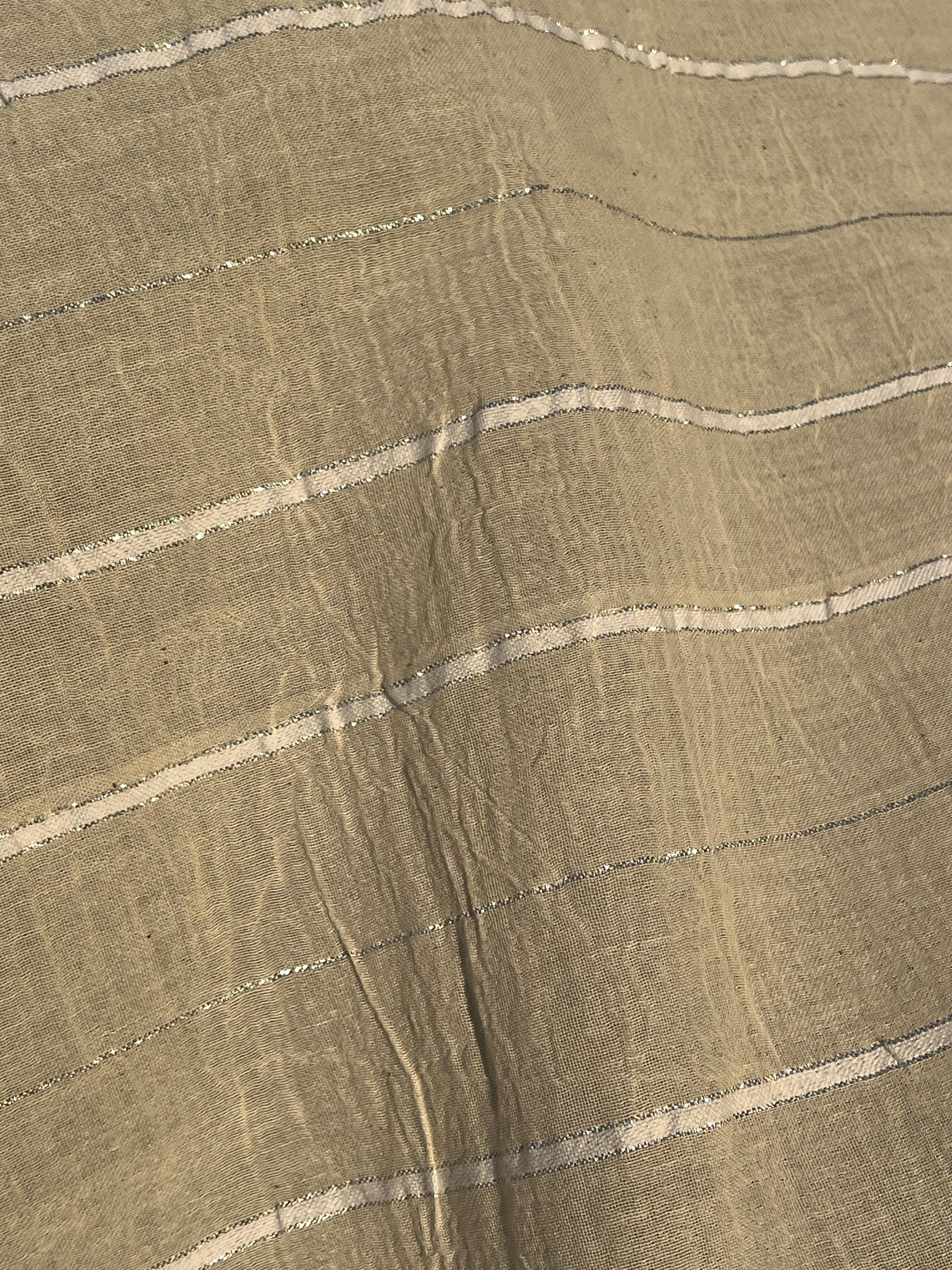 Ivory Unbleached Gauze Organic Cotton Fabric With Glitter Stripes, Silver & Gold