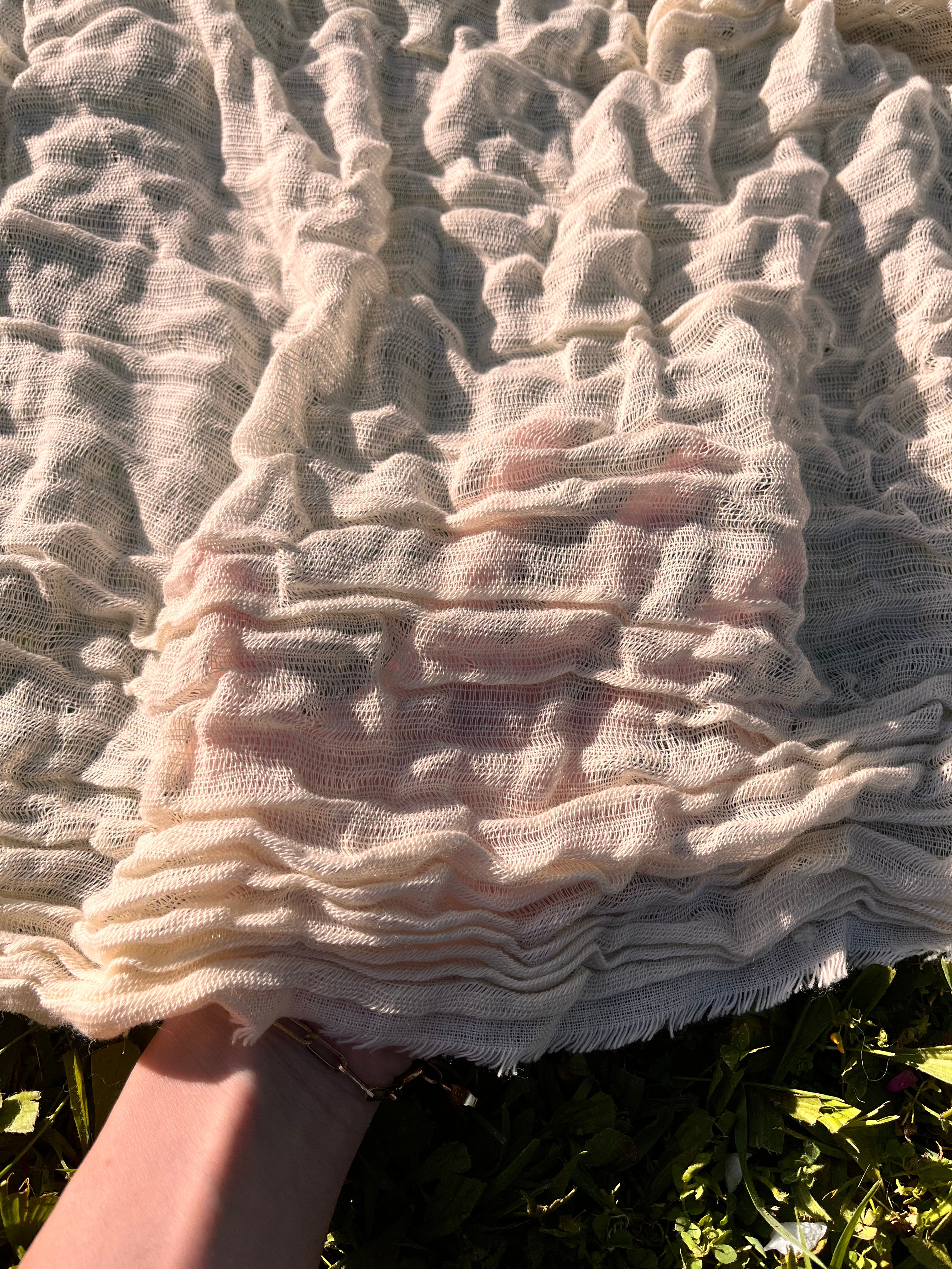 Hollow Gauze Organic Cotton Fabric,Beige White Herringbone Pattern Sheer