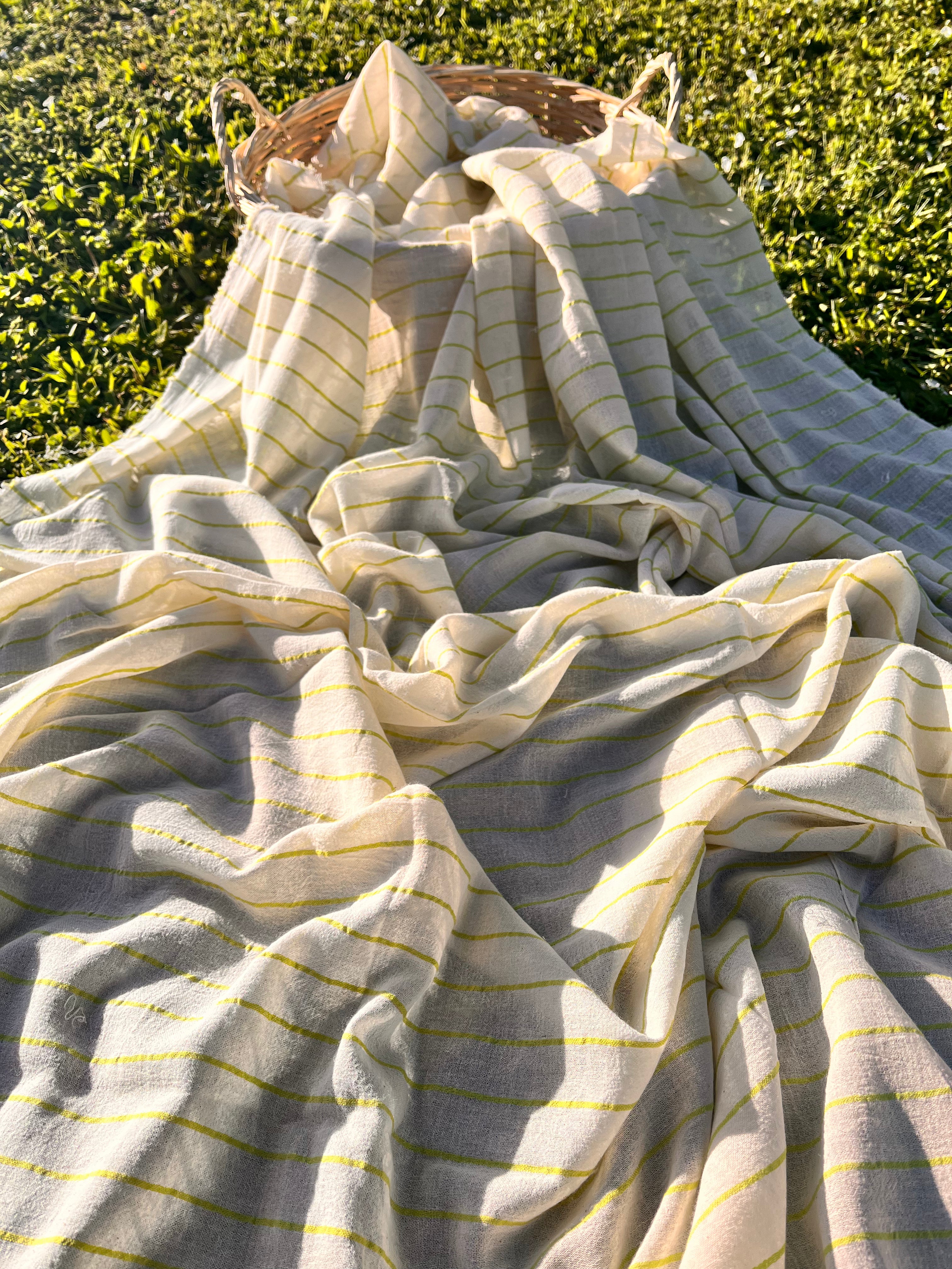 Green Striped Neutral Organic Cotton Fabric By The Meter.