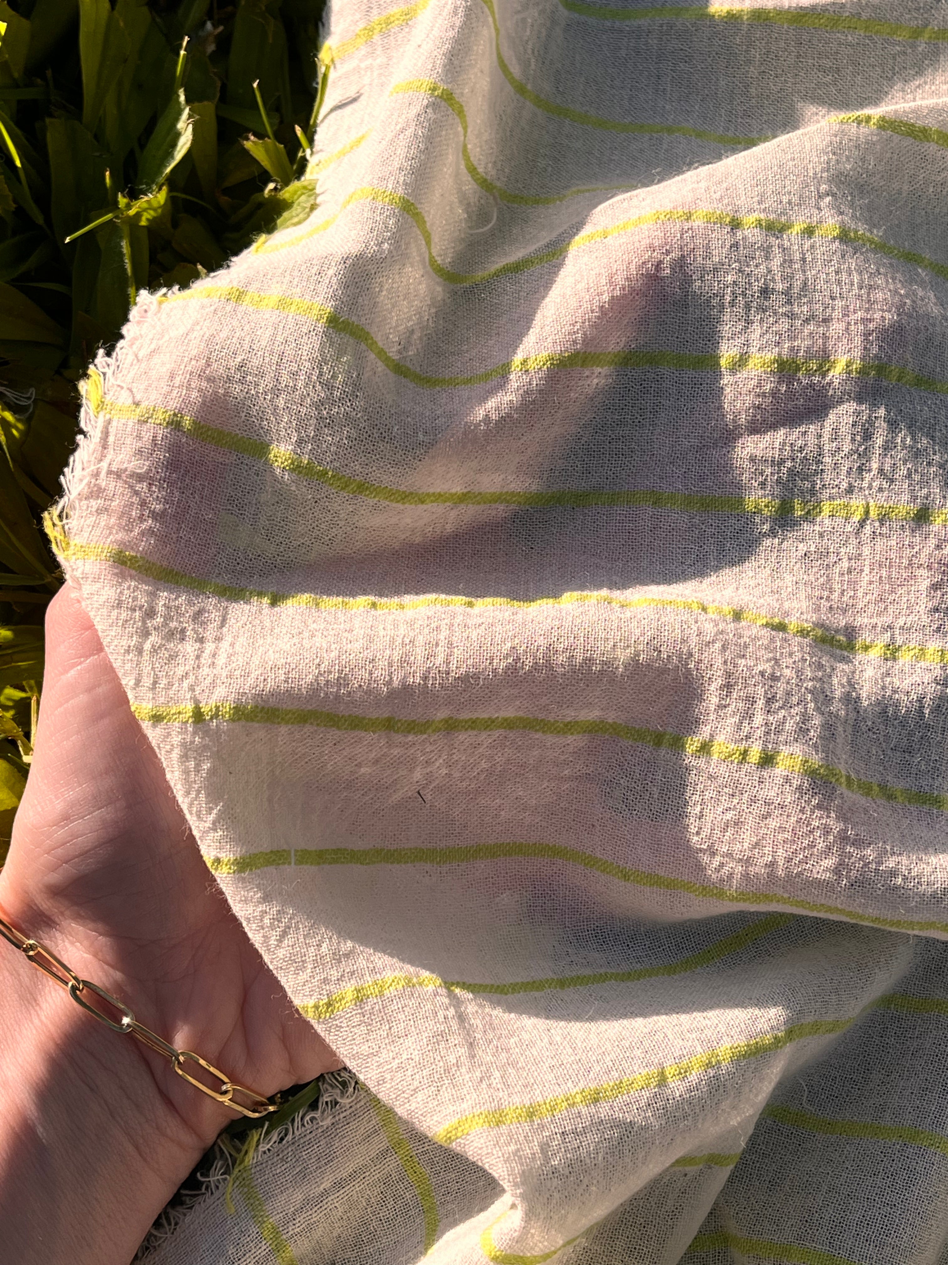 Green Striped Neutral Organic Cotton Fabric By The Meter.