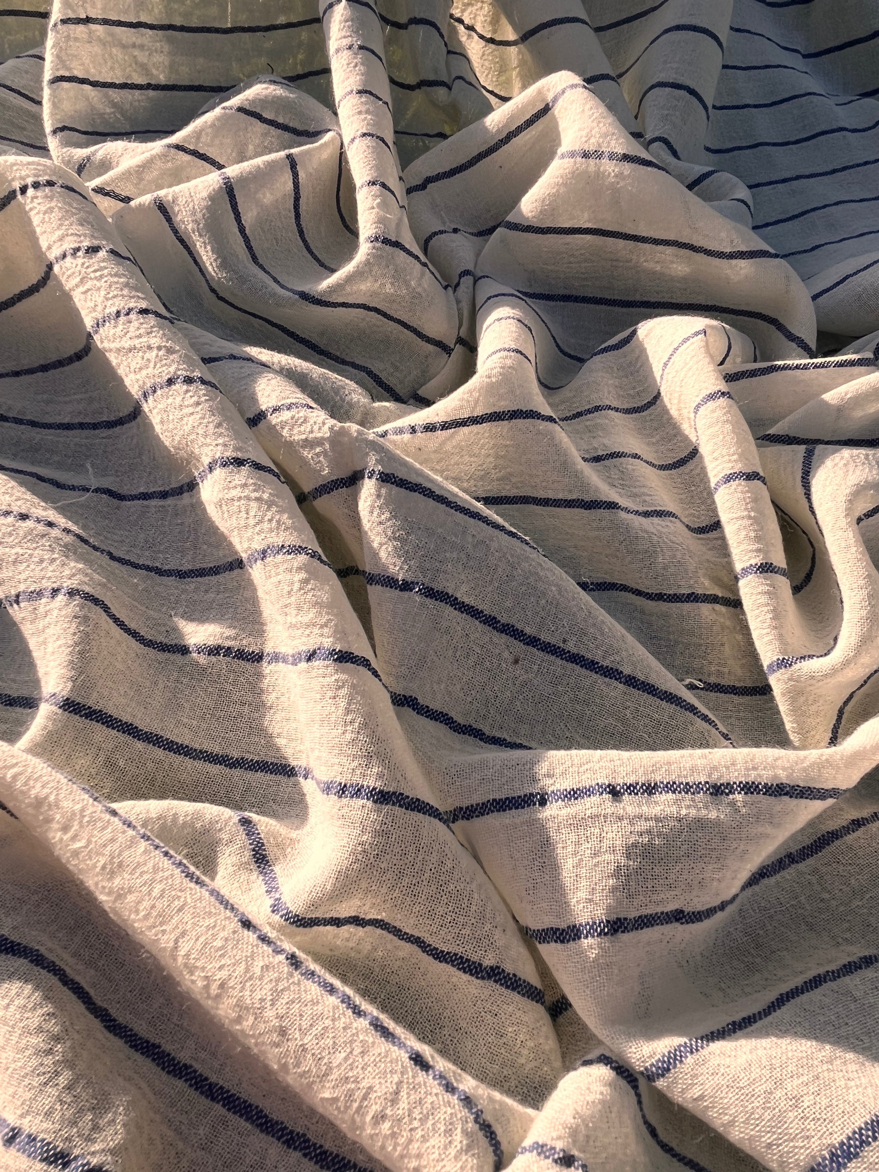 Navy - Black Striped Neutral Organic Cotton Fabric By The Meter.