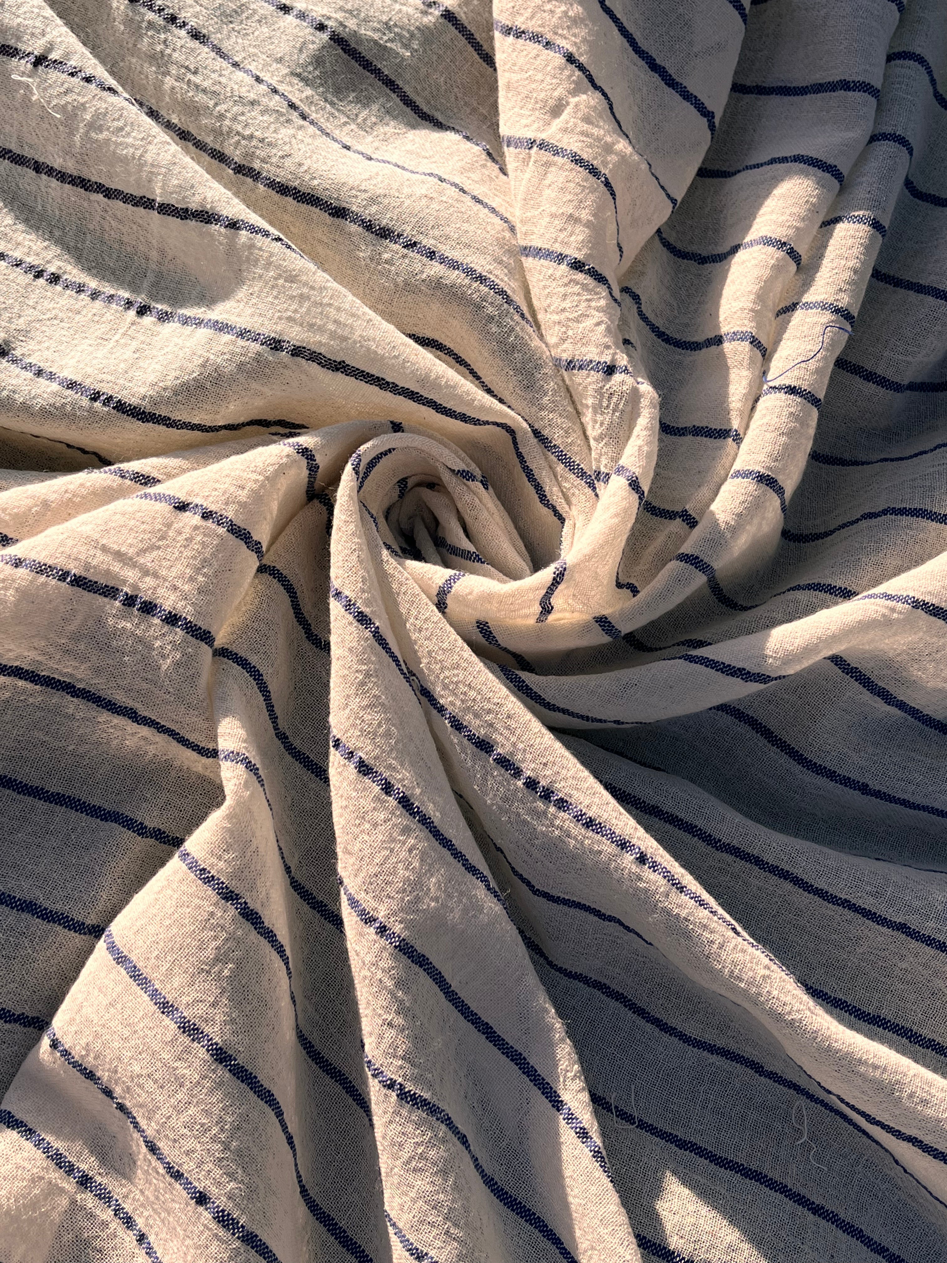 Navy - Black Striped Neutral Organic Cotton Fabric By The Meter.