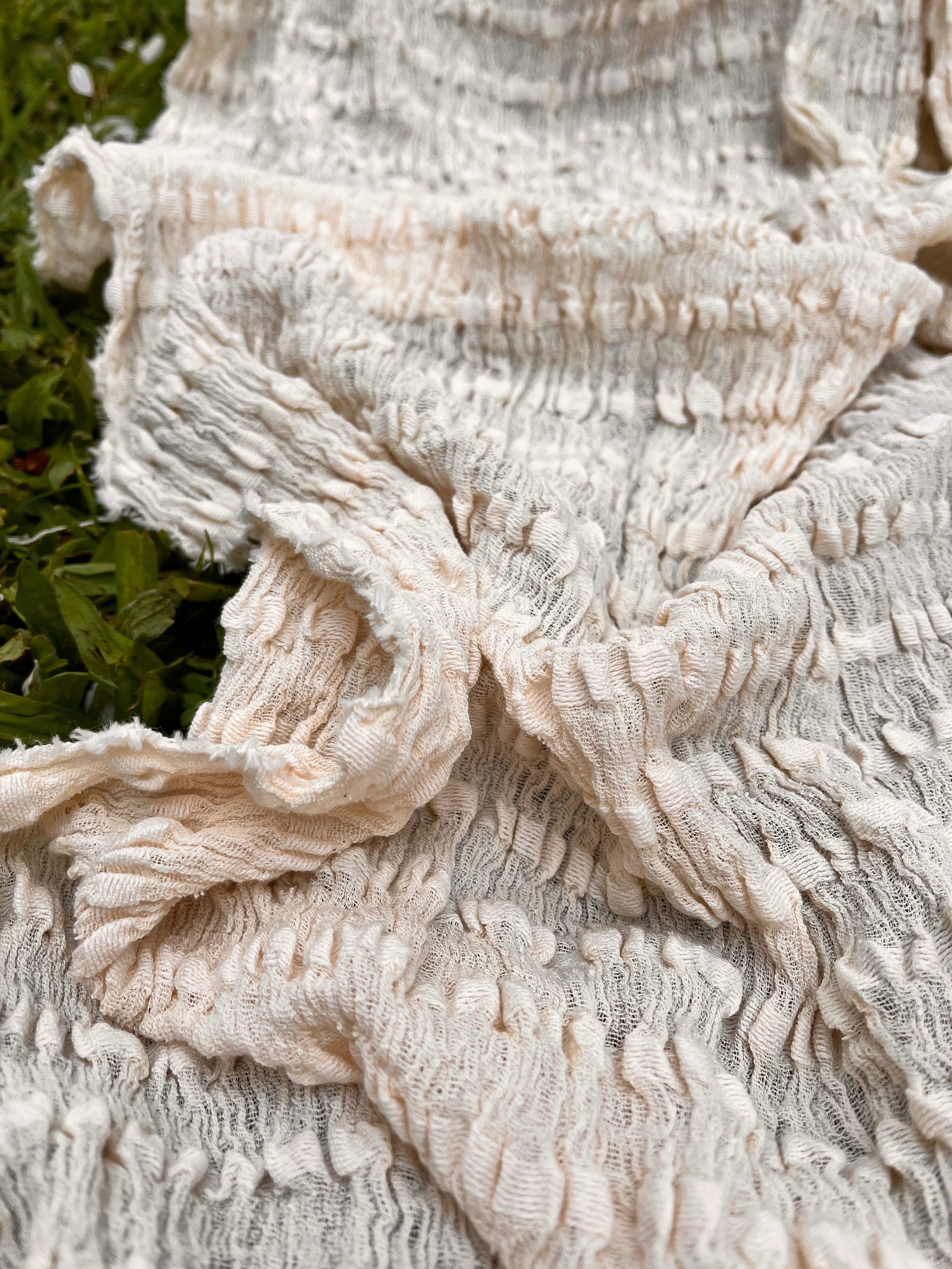 Neutral Textured Cotton Stretchy Crinkle Fabric.