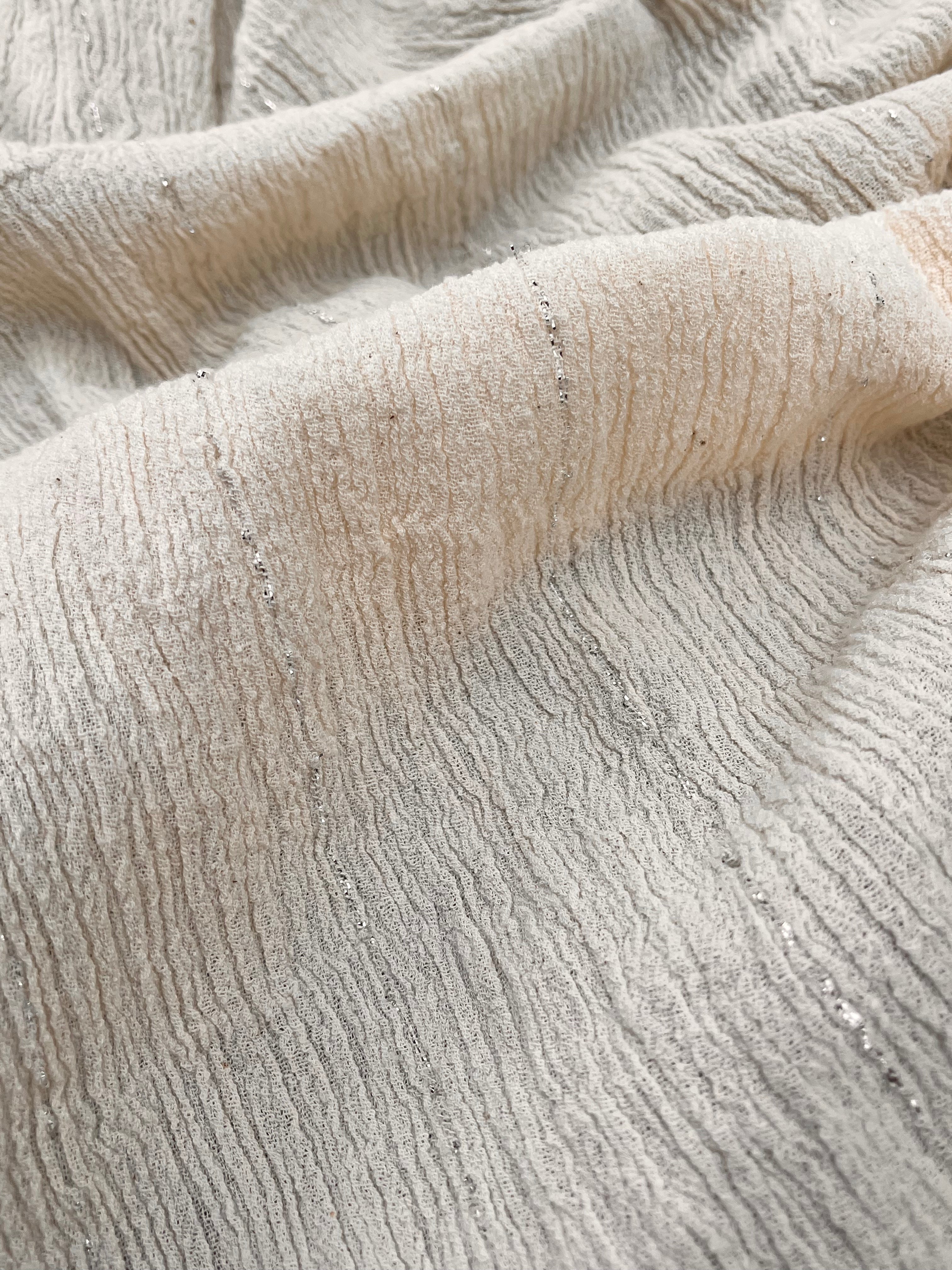 Neutral Stretchy Crinkle Cotton Fabric, Textured Surface Silver Glitter Stripes.