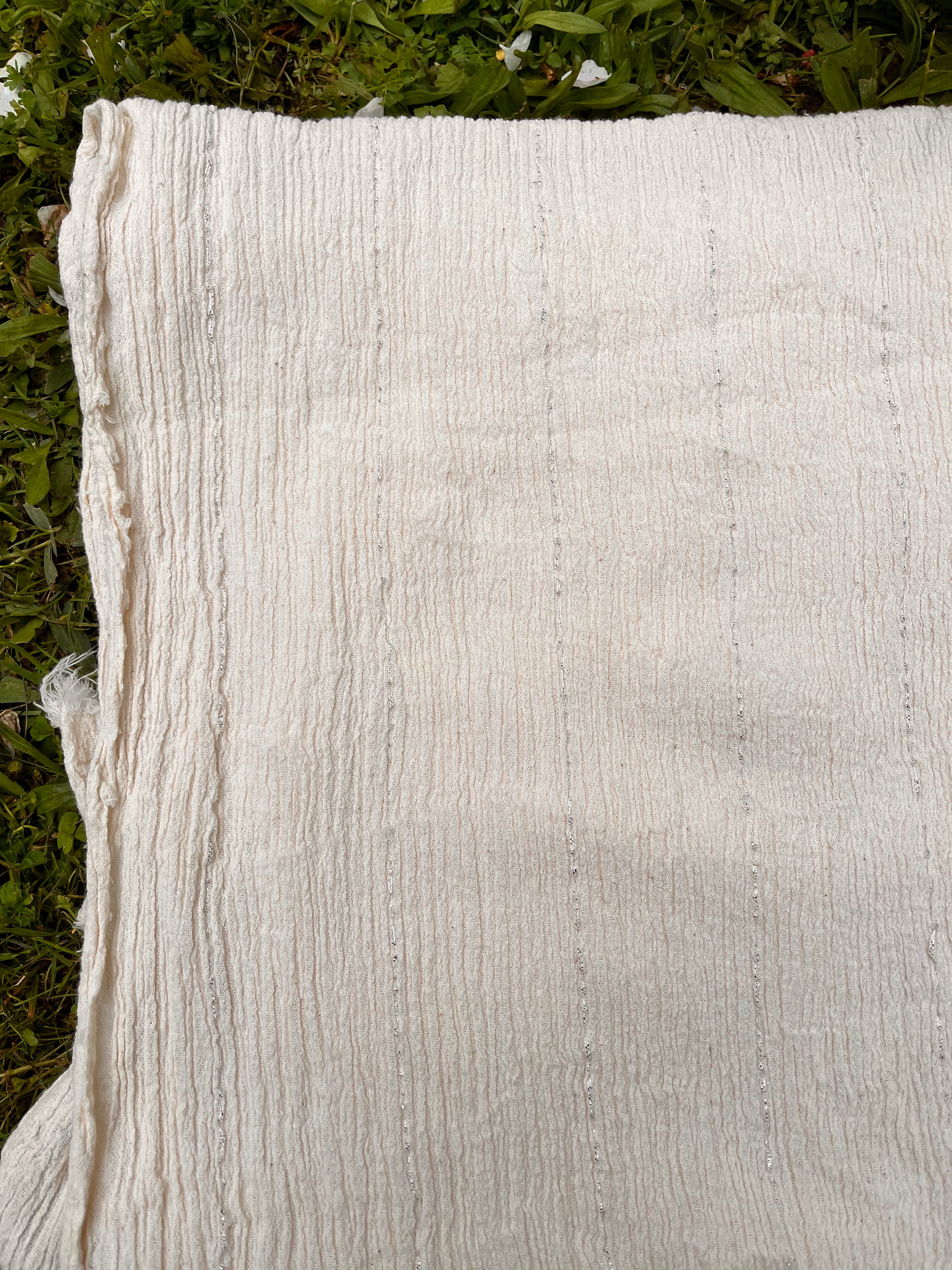Neutral Stretchy Crinkle Cotton Fabric, Textured Surface Silver Glitter Stripes.