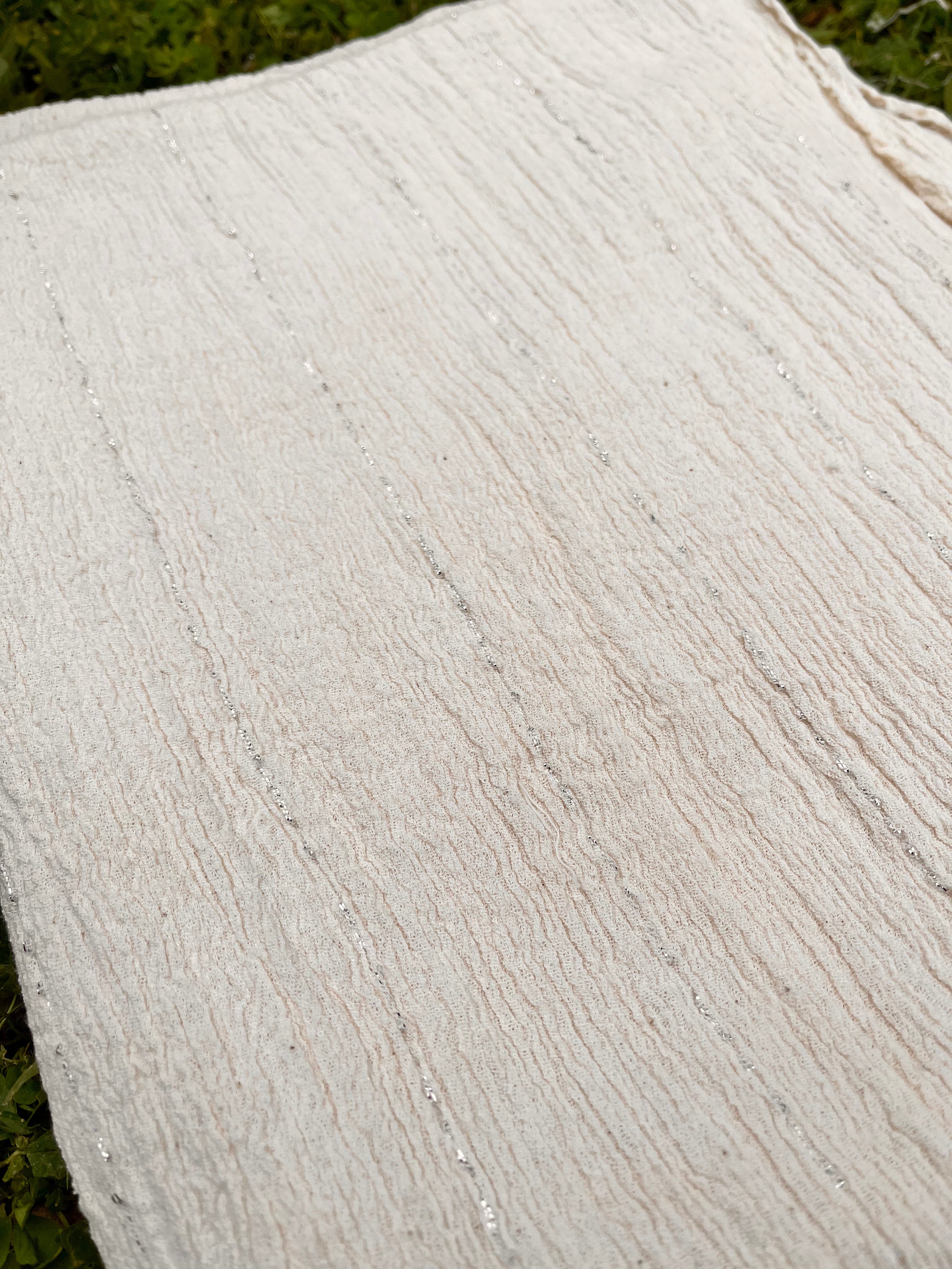 Neutral Stretchy Crinkle Cotton Fabric, Textured Surface Silver Glitter Stripes.