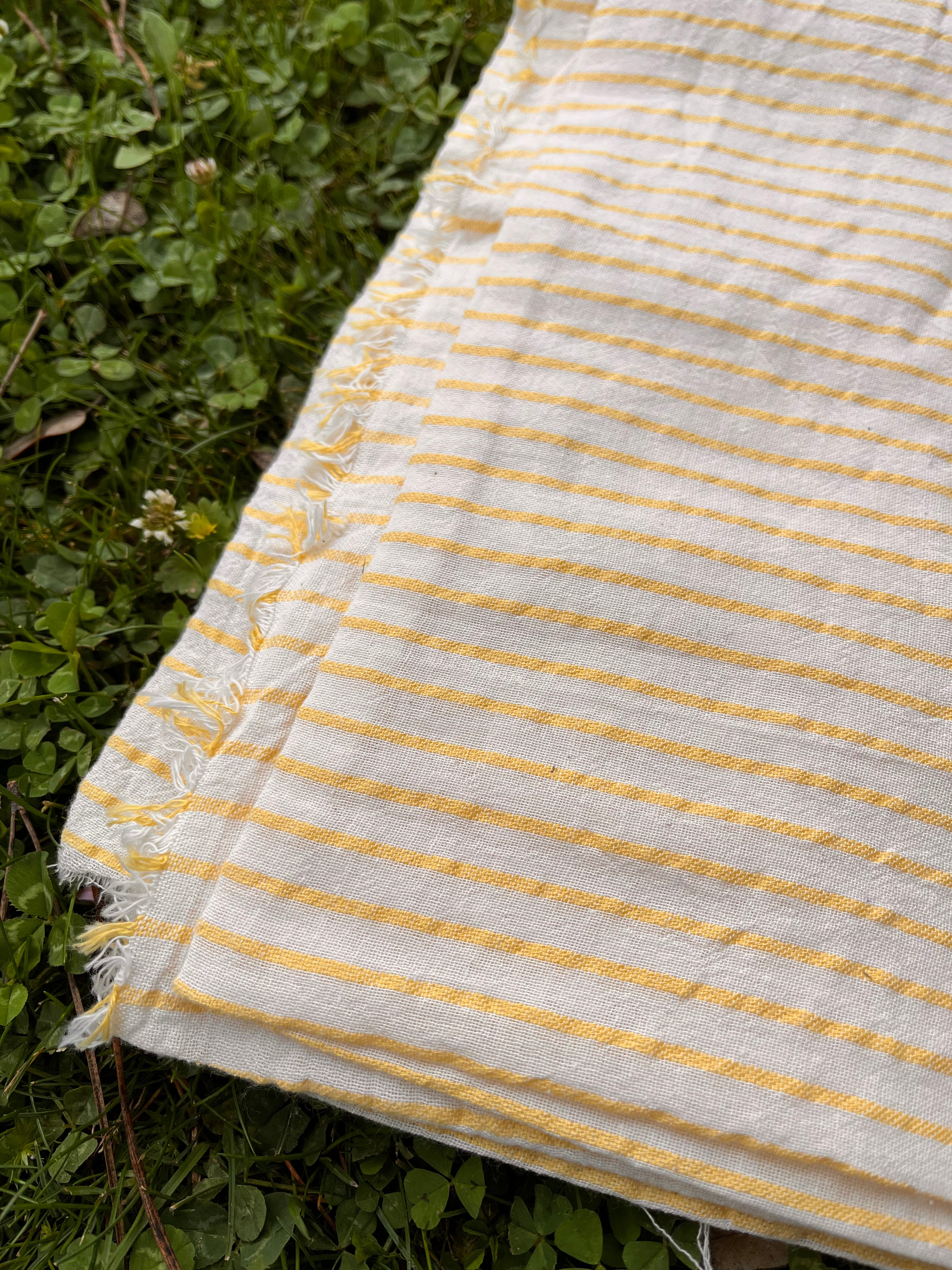 Yellow Striped Organic Cotton Fabric By The Meter, Crinkle Fabric With Pin Stripes.