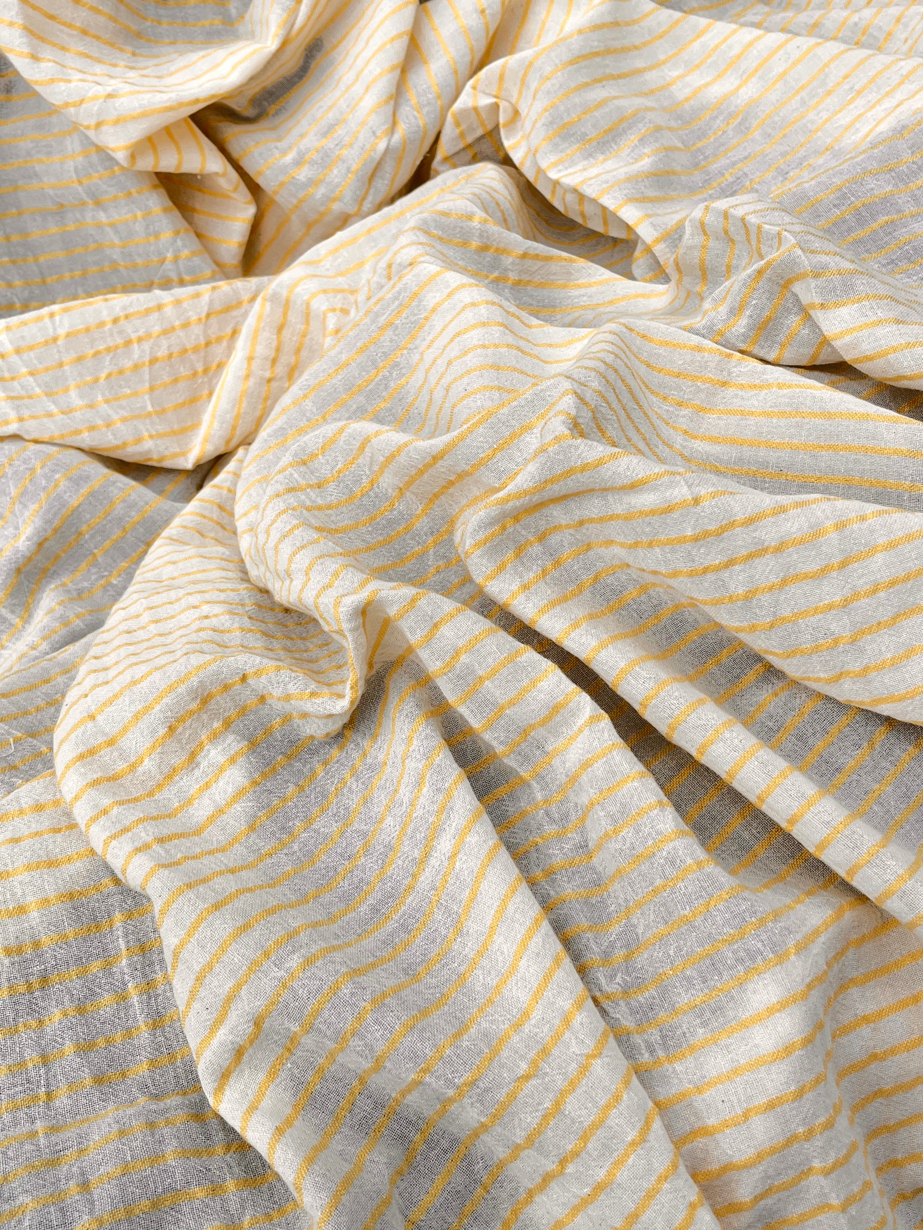 Yellow Striped Organic Cotton Fabric By The Meter, Crinkle Fabric With Pin Stripes.