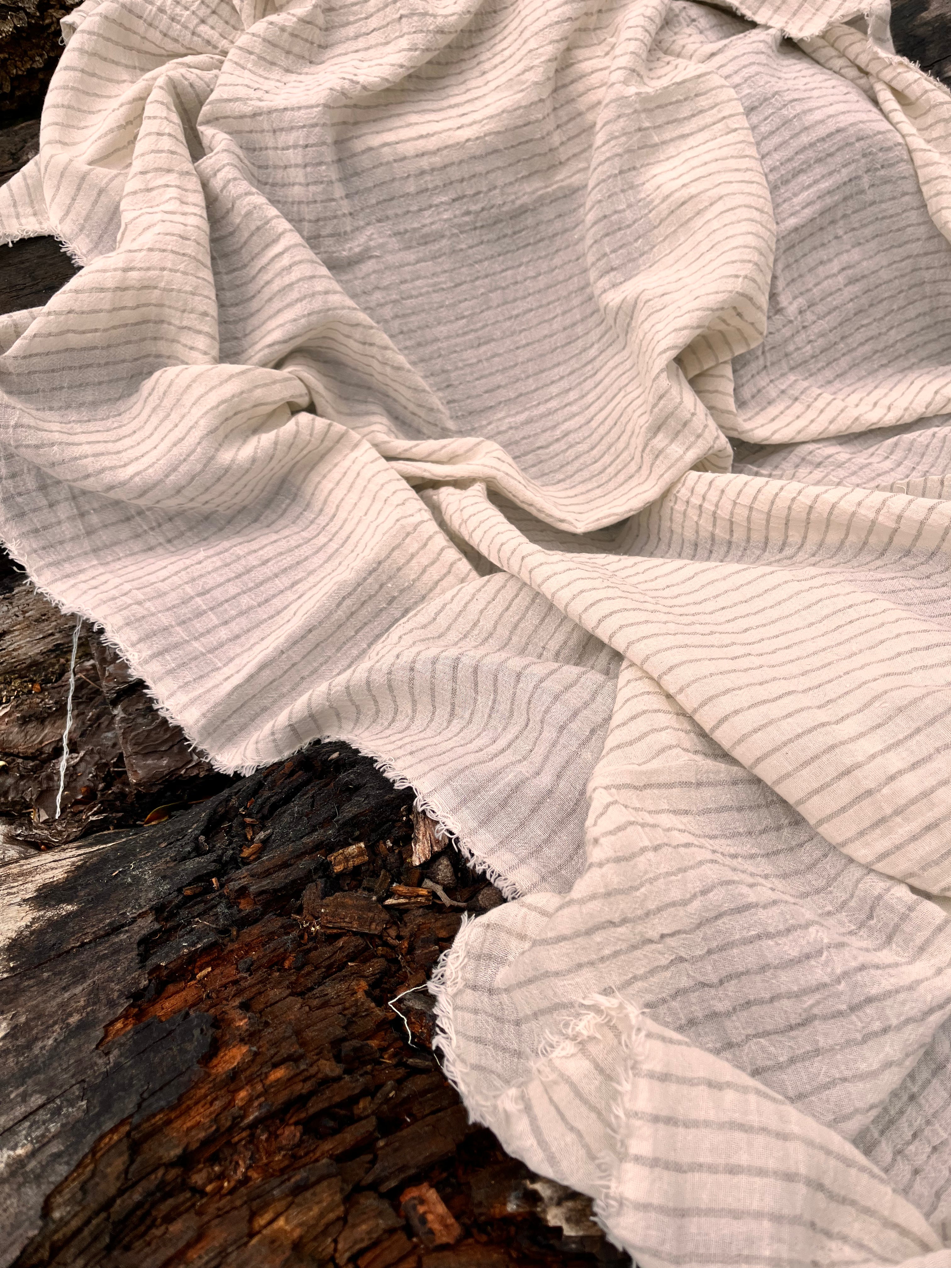 Gray Striped Neutral Organic Cotton Fabric By The Meter, Crinkle Fabric.