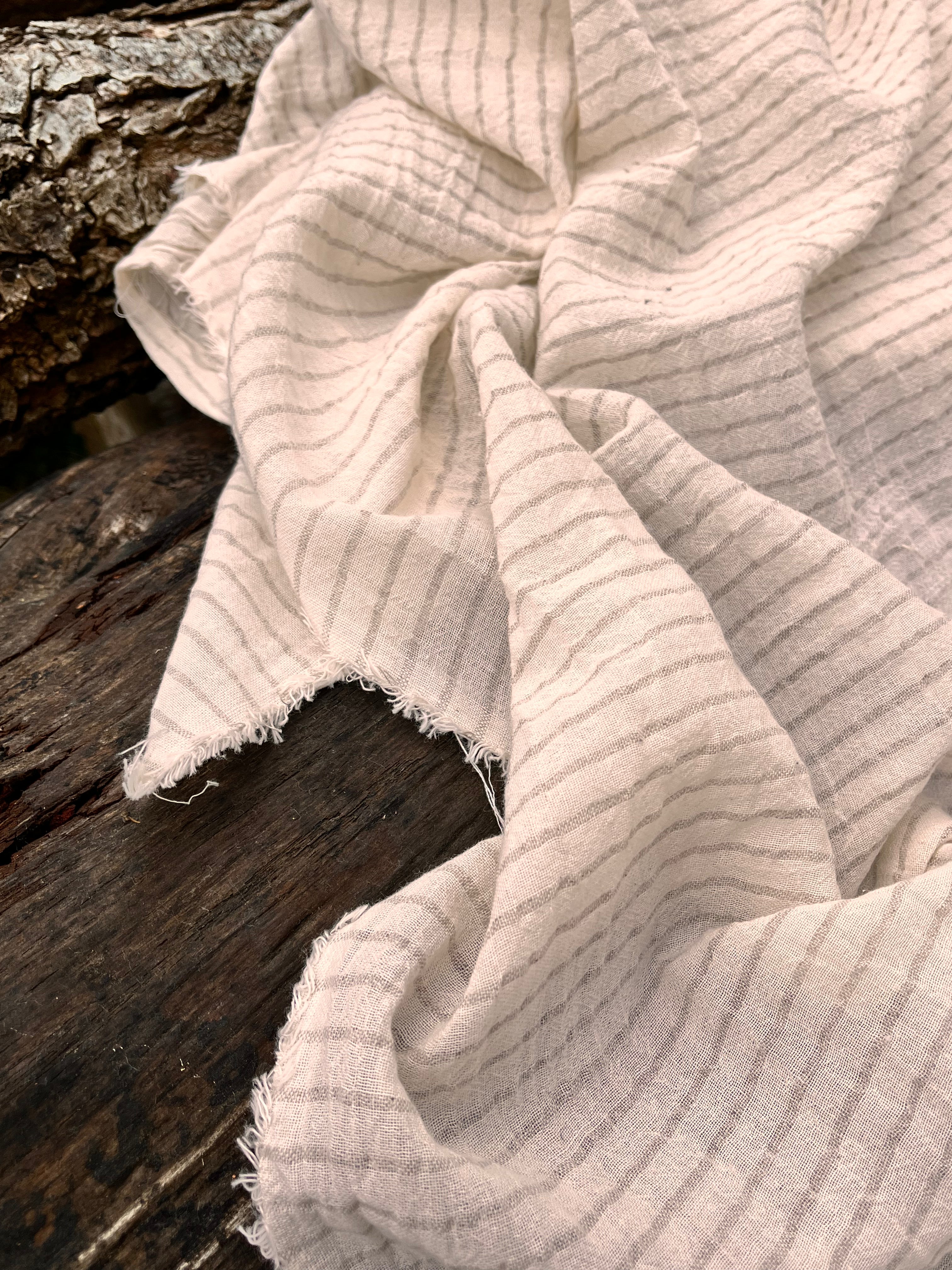 Gray Striped Neutral Organic Cotton Fabric By The Meter, Crinkle Fabric.