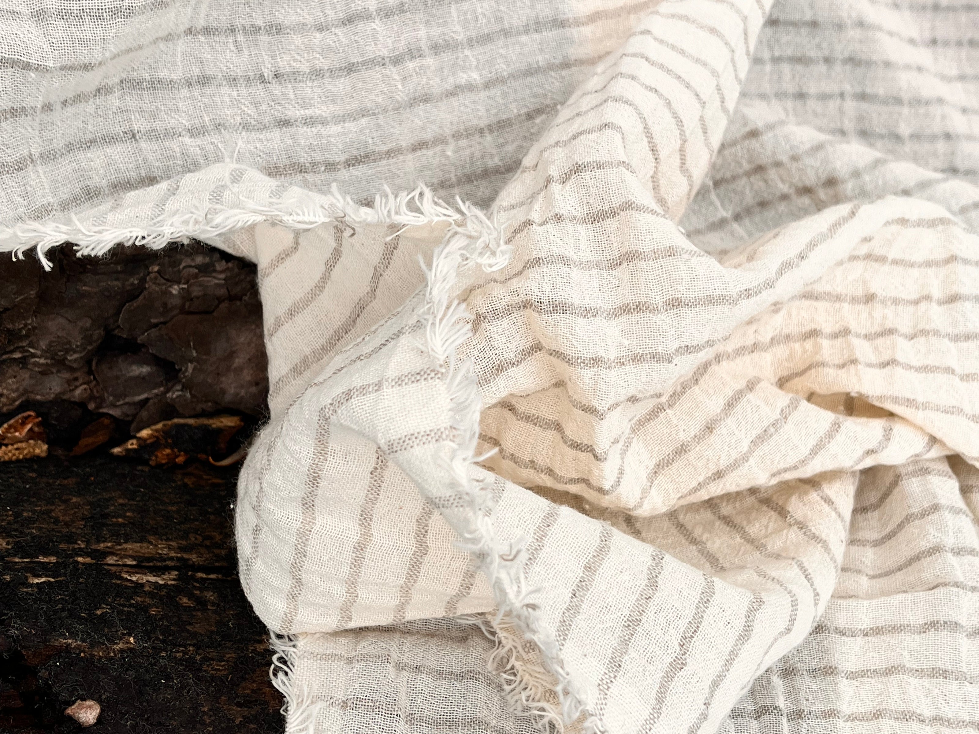 Gray Striped Neutral Organic Cotton Fabric By The Meter, Crinkle Fabric.