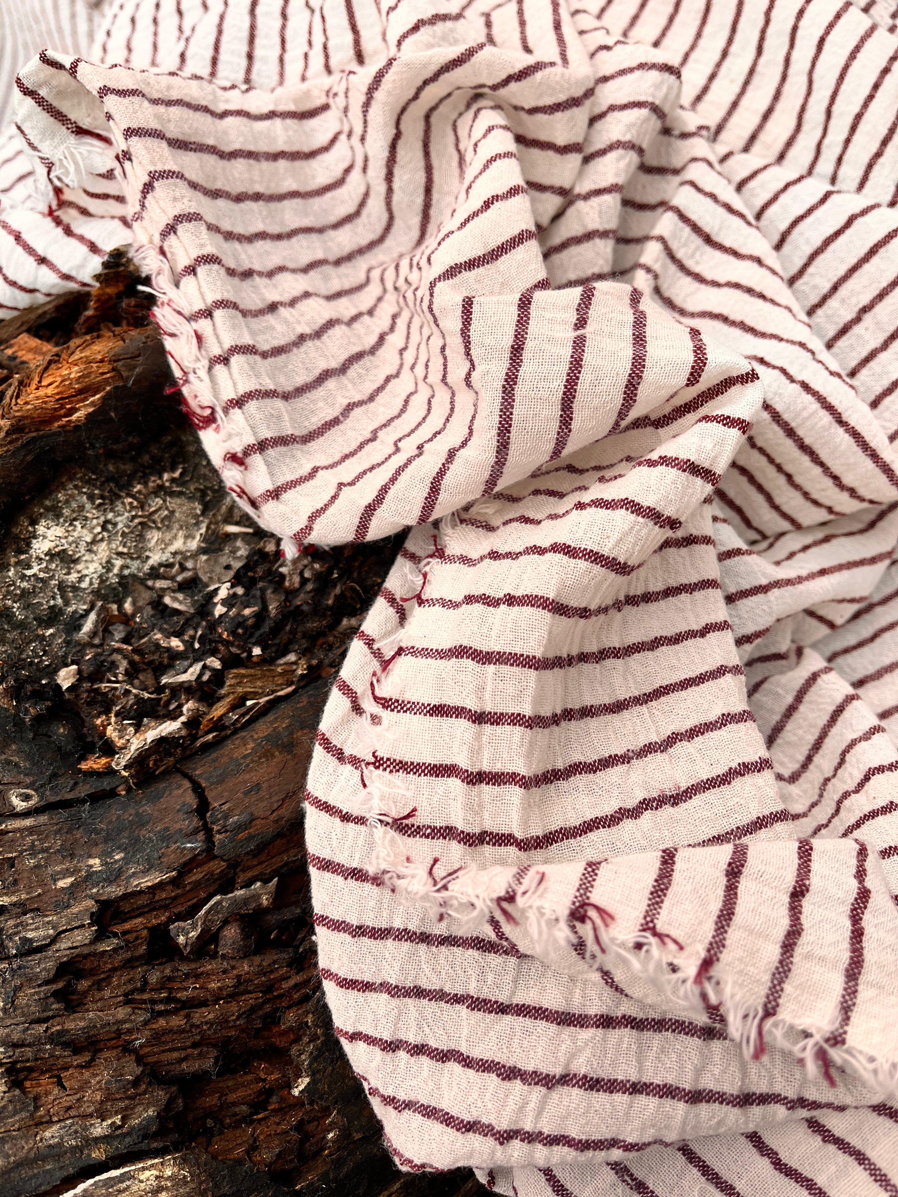 Dark Red Striped Neutral Organic Cotton Fabric By The Meter.