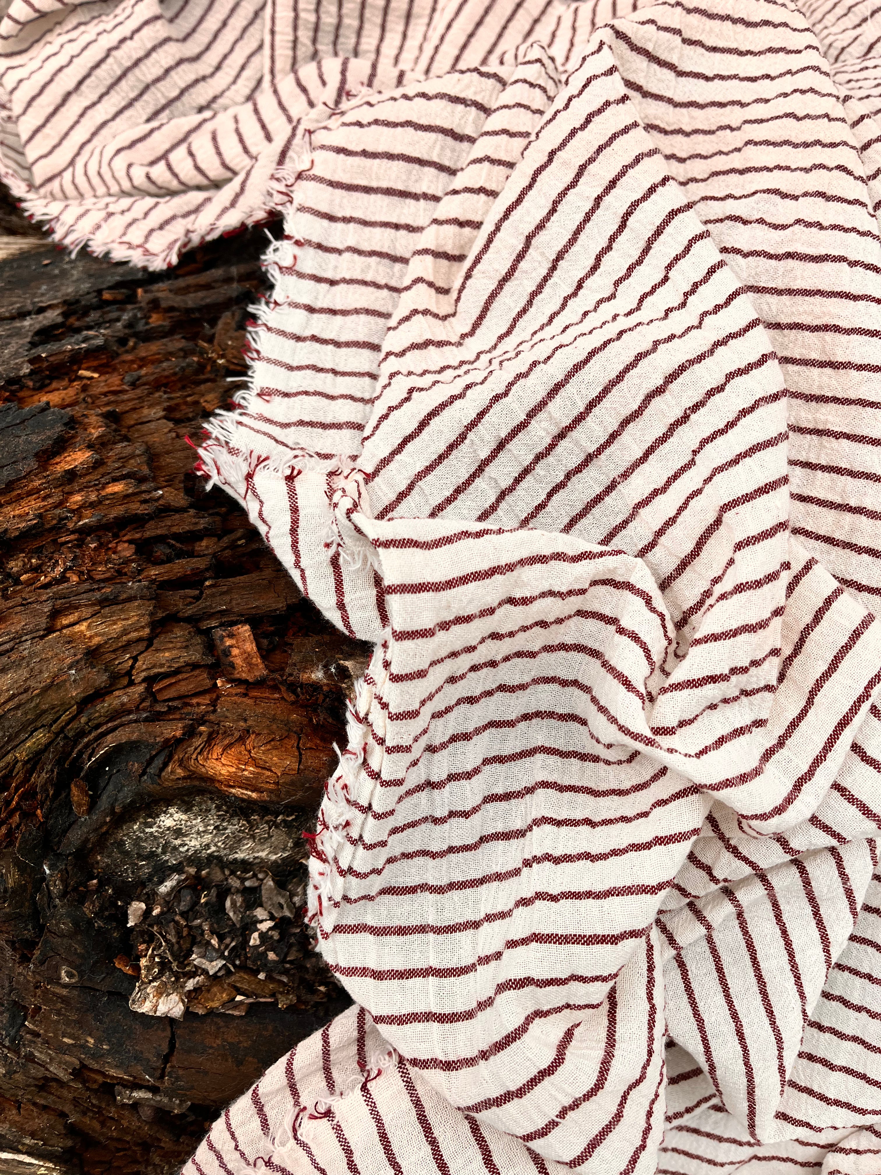 Dark Red Striped Neutral Organic Cotton Fabric By The Meter.