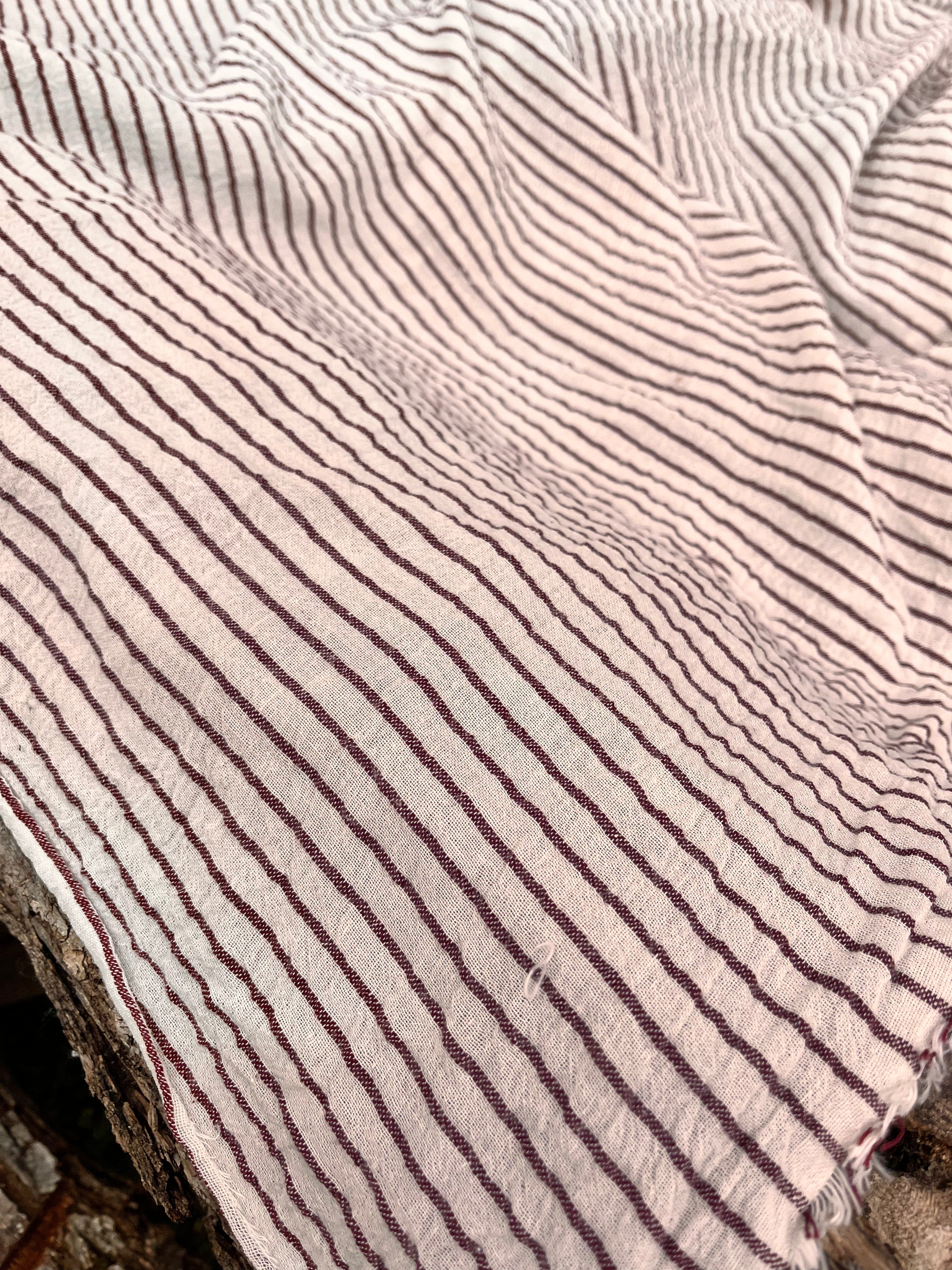 Dark Red Striped Neutral Organic Cotton Fabric By The Meter.