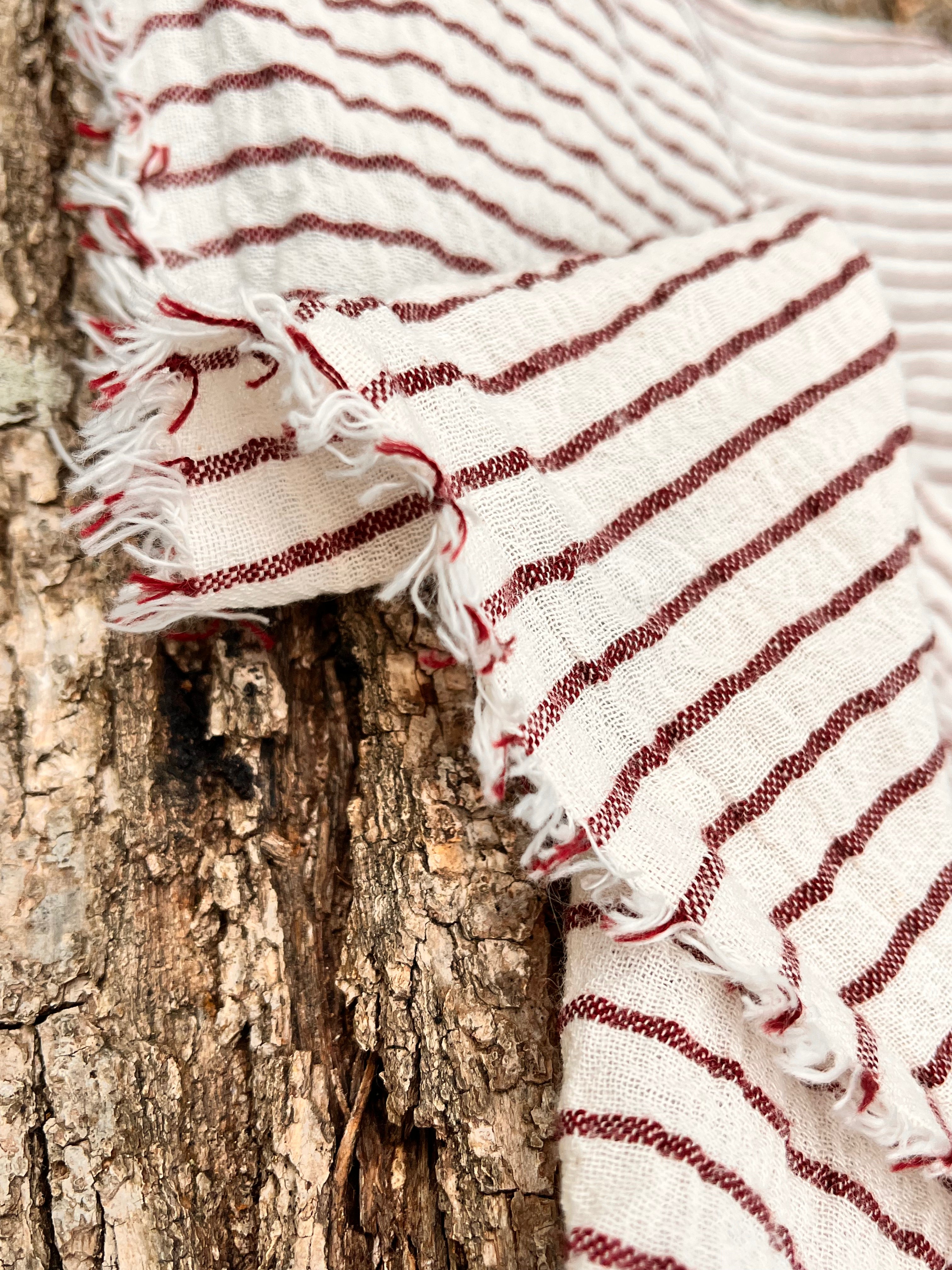 Dark Red Striped Neutral Organic Cotton Fabric By The Meter.