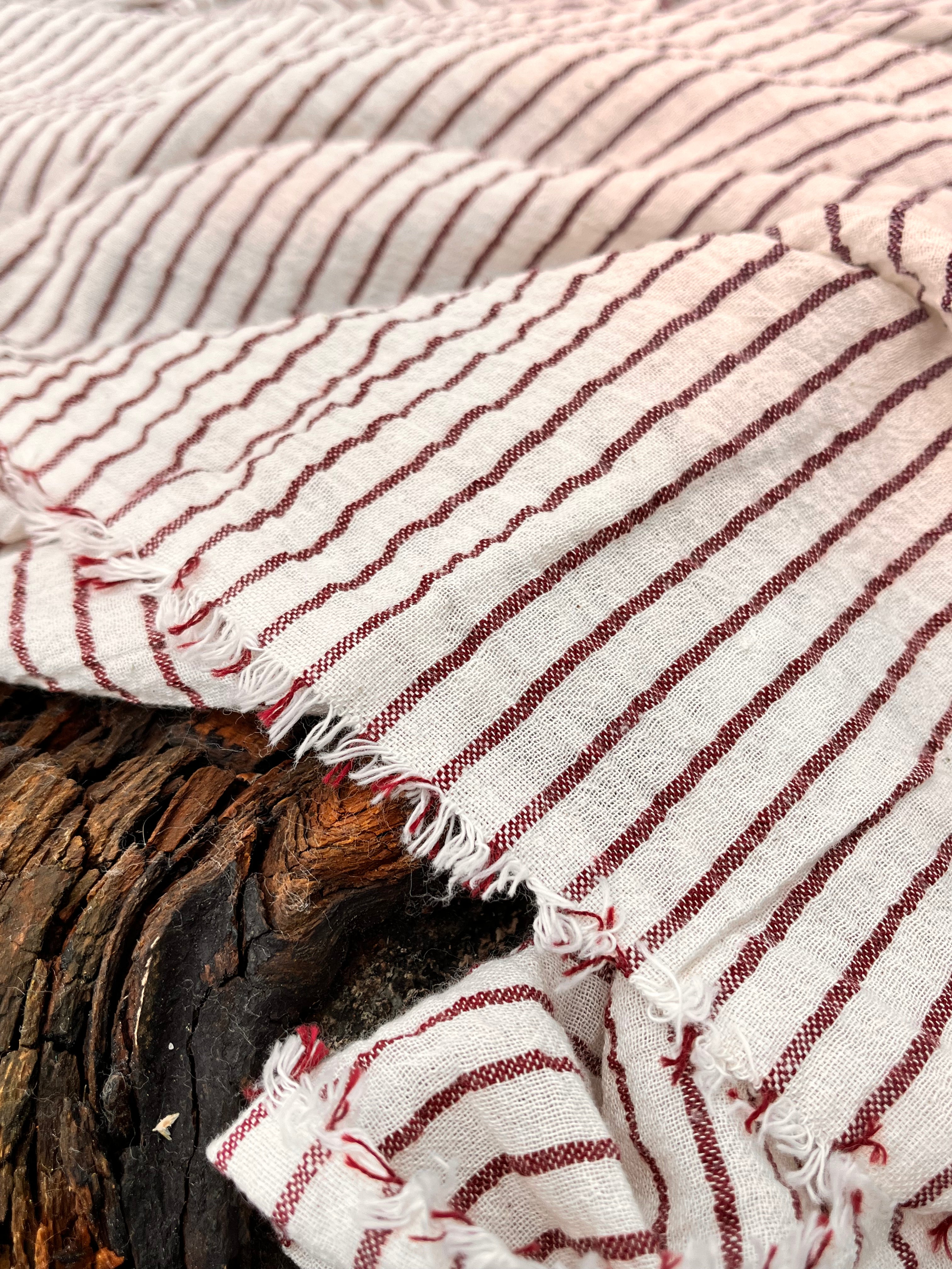 Dark Red Striped Neutral Organic Cotton Fabric By The Meter.