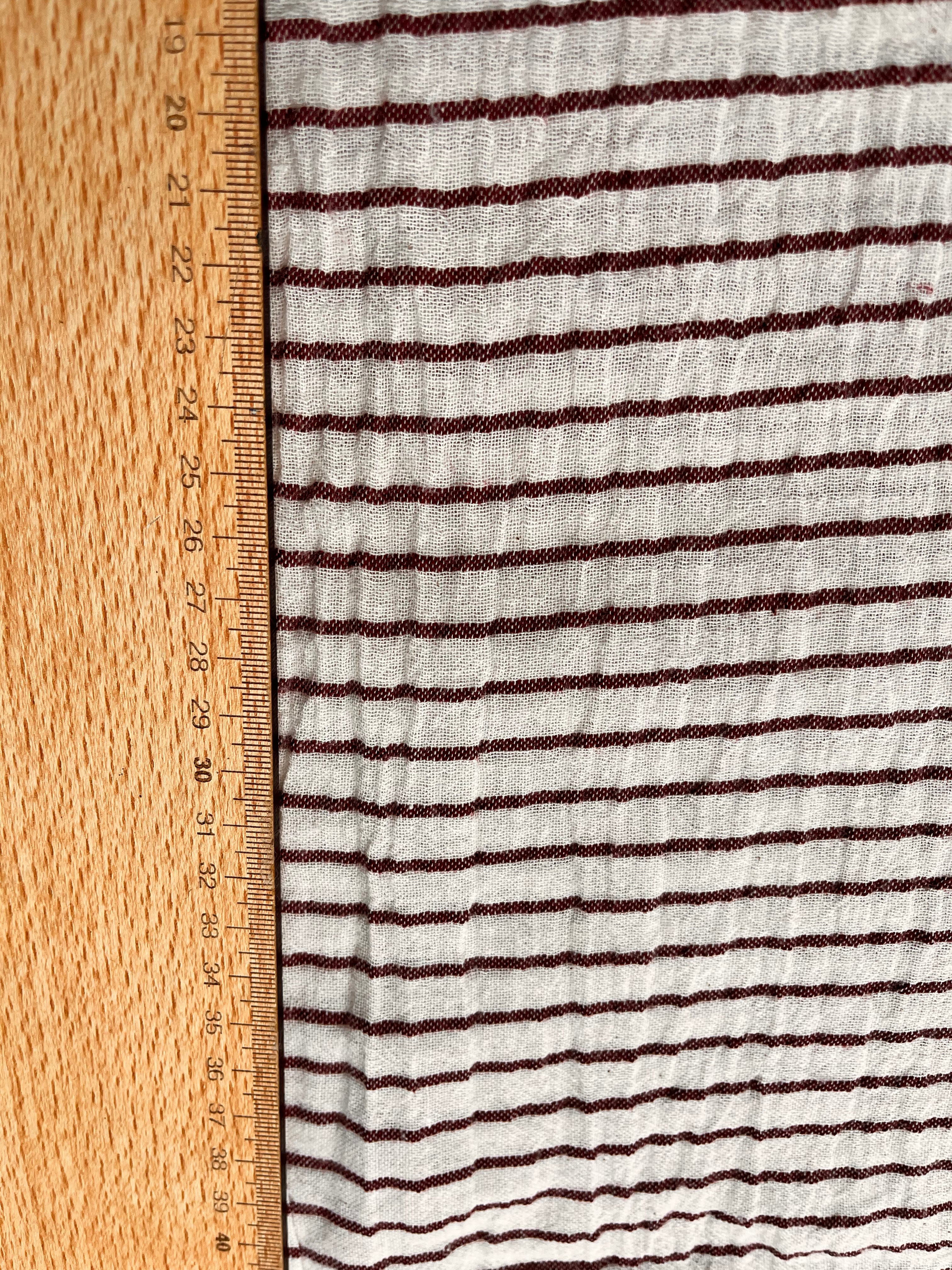 Dark Red Striped Neutral Organic Cotton Fabric By The Meter.