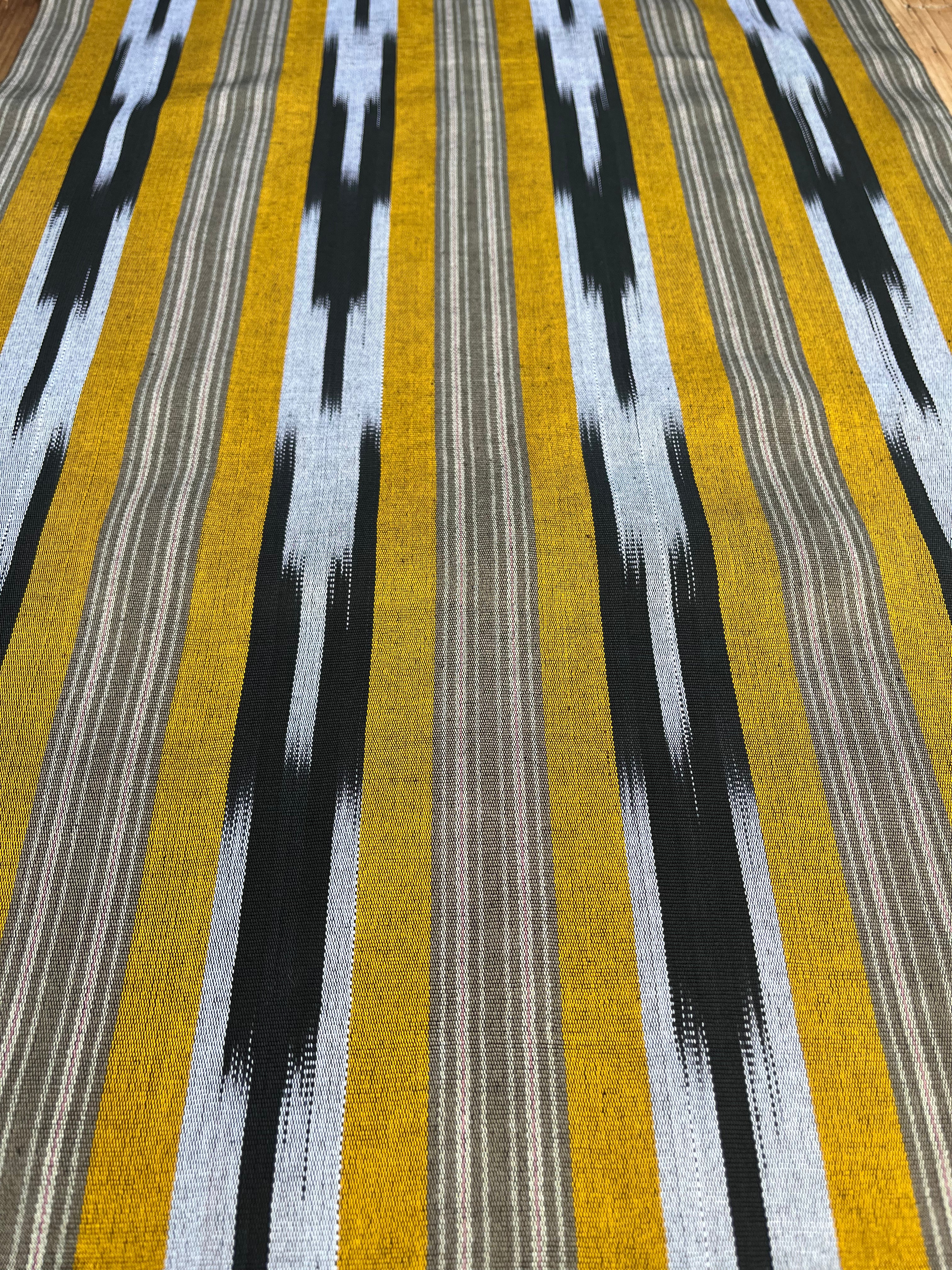 Yellow Ikat Striped Luxurious Silk Upholstery For Ottoman Headboard, Home Textile Interior Fabrics: Pillow Covers, Kimono-inspired Designs.