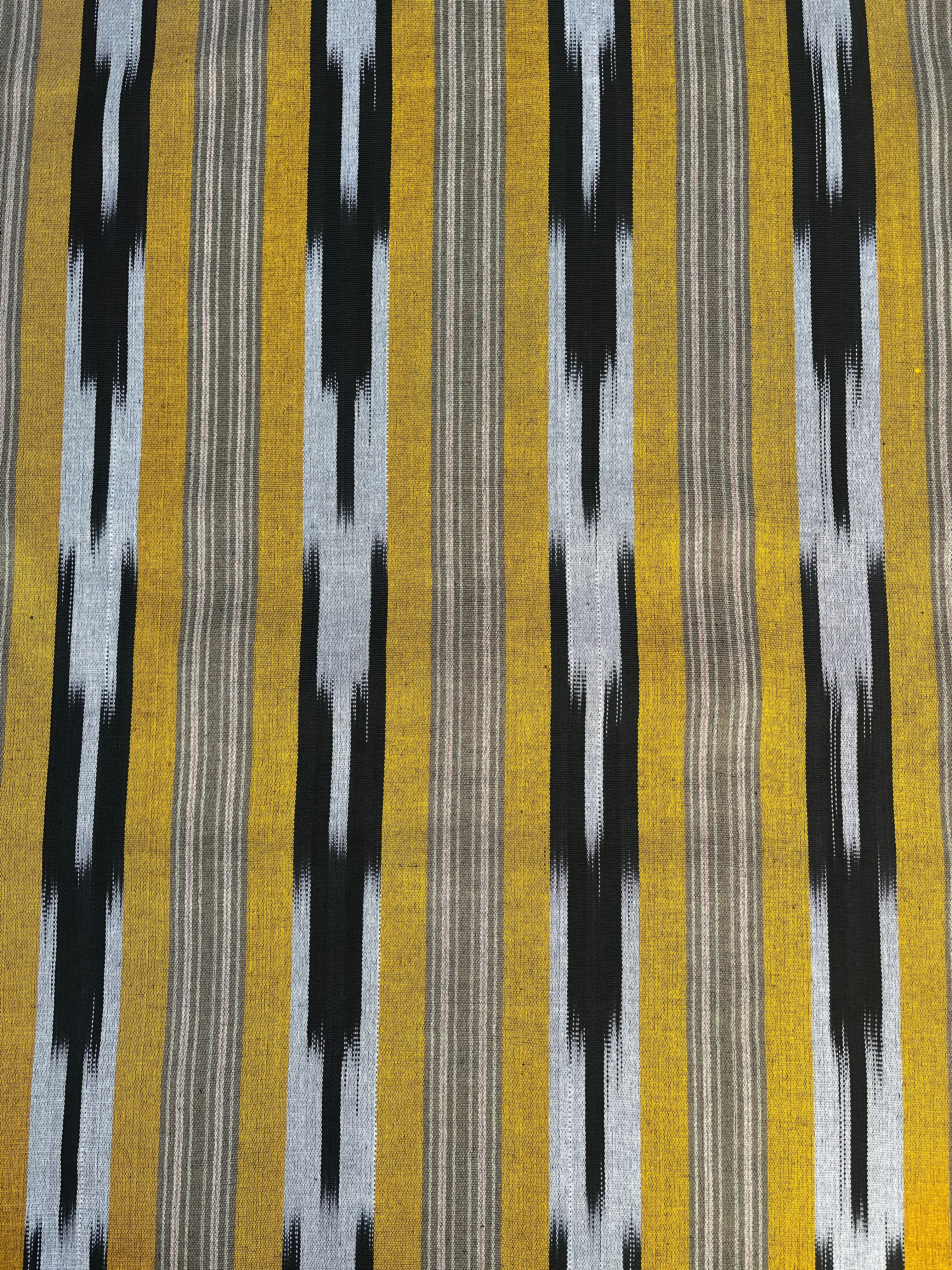 Yellow Ikat Striped Luxurious Silk Upholstery For Ottoman Headboard, Home Textile Interior Fabrics: Pillow Covers, Kimono-inspired Designs.