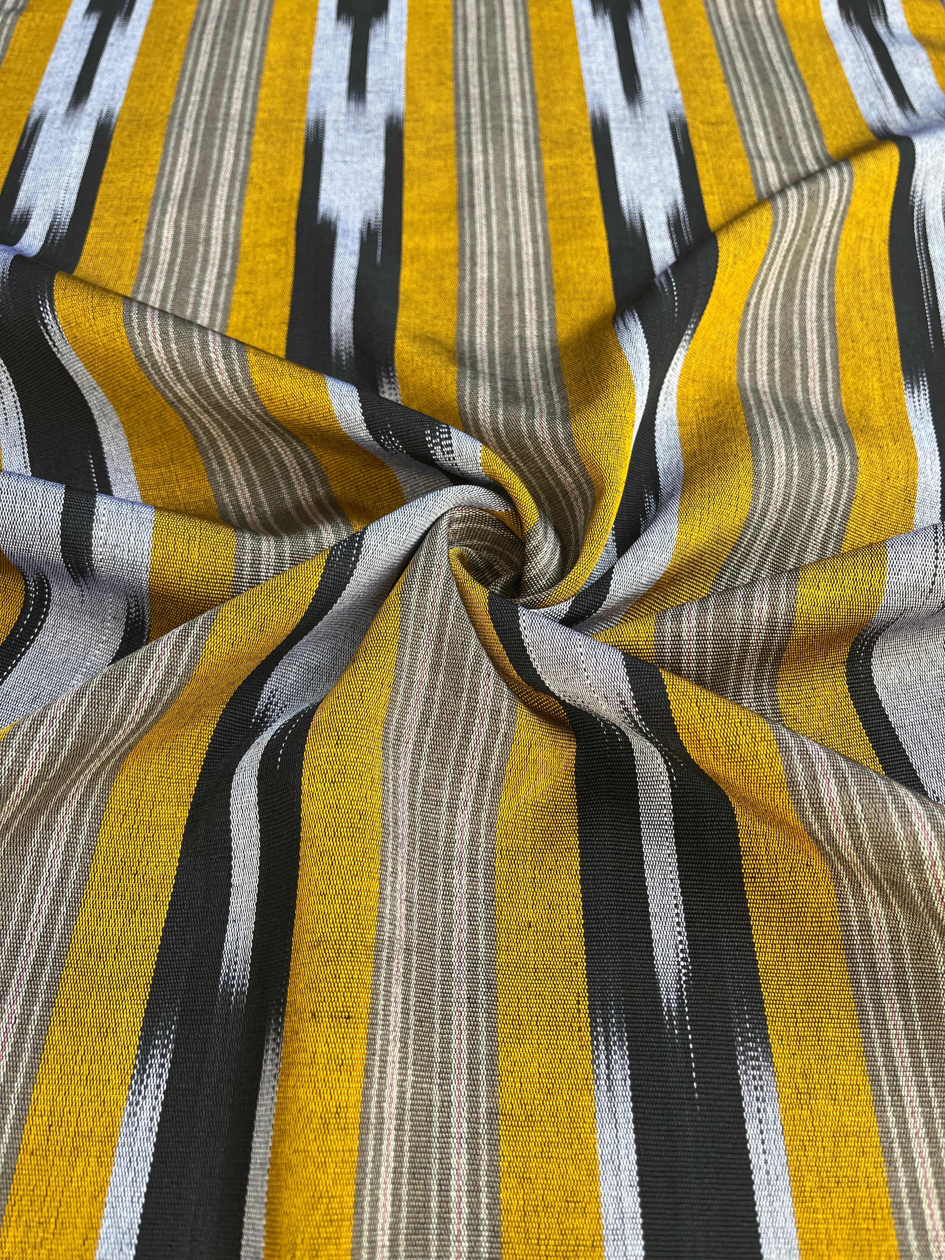 Yellow Ikat Striped Luxurious Silk Upholstery For Ottoman Headboard, Home Textile Interior Fabrics: Pillow Covers, Kimono-inspired Designs.