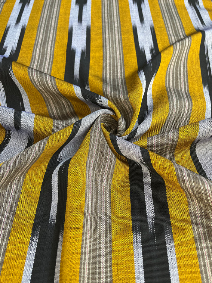 Yellow Ikat Striped Luxurious Silk Upholstery For Ottoman Headboard, Home Textile Interior Fabrics: Pillow Covers, Kimono-inspired Designs.