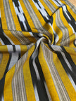 Yellow Ikat Striped Luxurious Silk Upholstery For Ottoman Headboard, Home Textile Interior Fabrics: Pillow Covers, Kimono-inspired Designs.