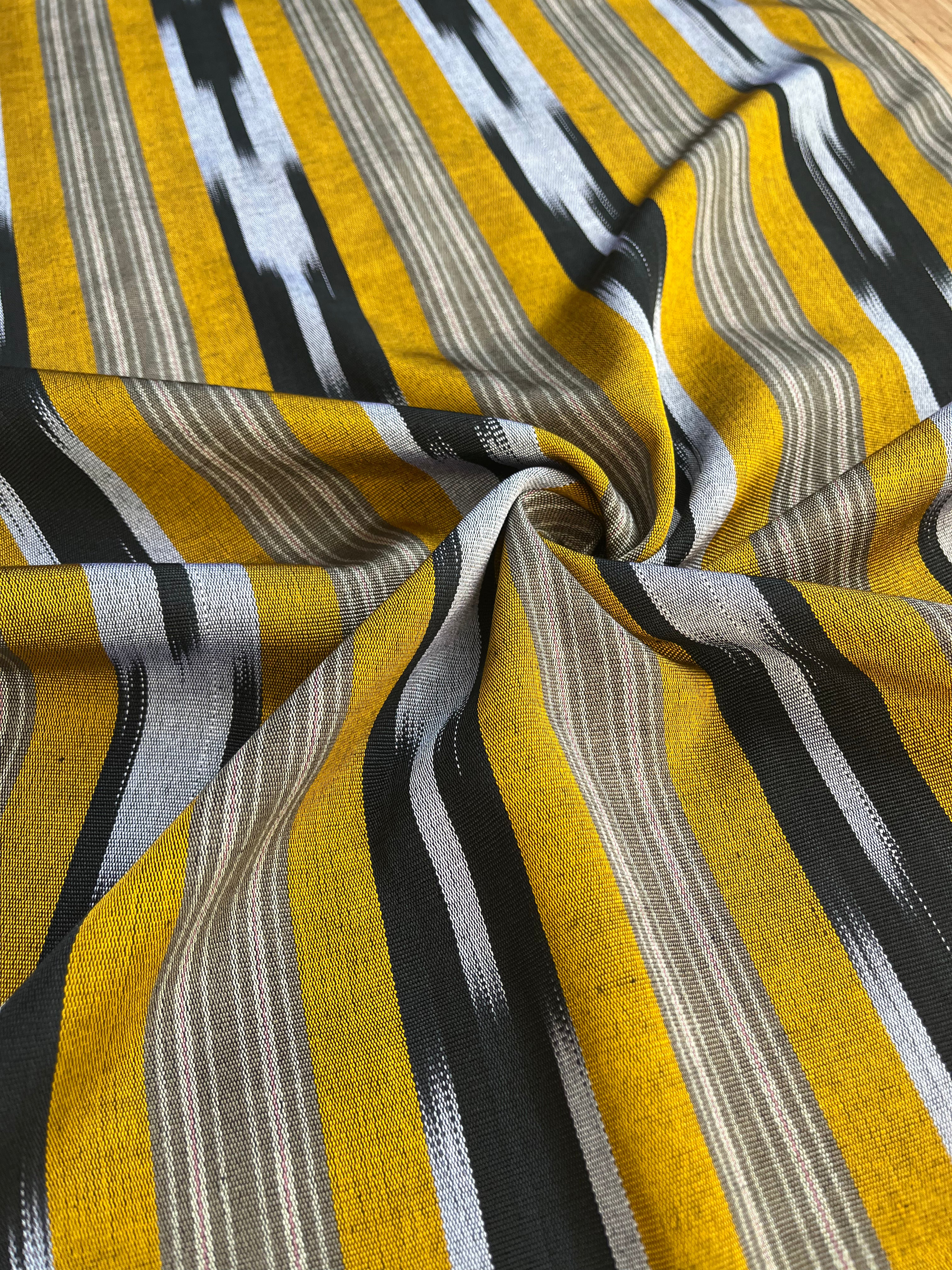 Yellow Ikat Striped Luxurious Silk Upholstery For Ottoman Headboard, Home Textile Interior Fabrics: Pillow Covers, Kimono-inspired Designs.