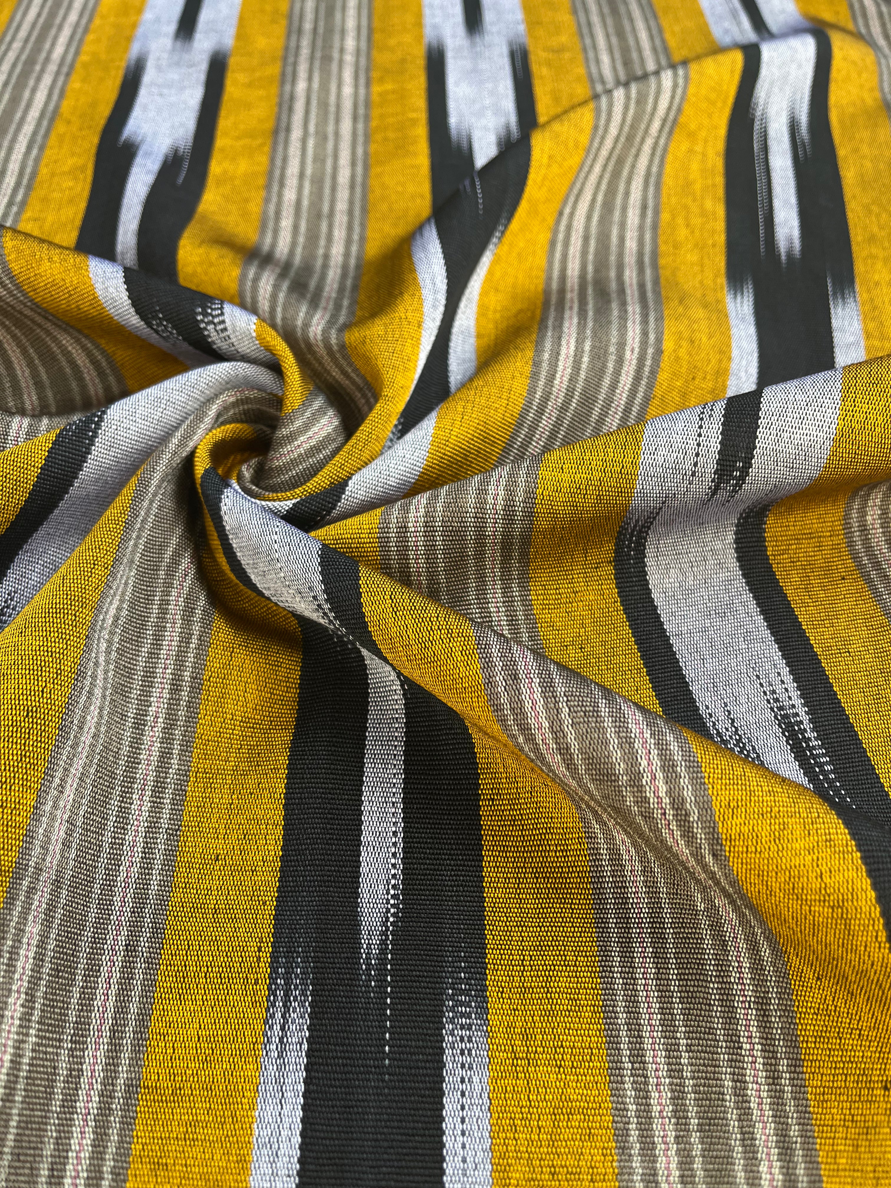 Yellow Ikat Striped Luxurious Silk Upholstery For Ottoman Headboard, Home Textile Interior Fabrics: Pillow Covers, Kimono-inspired Designs.