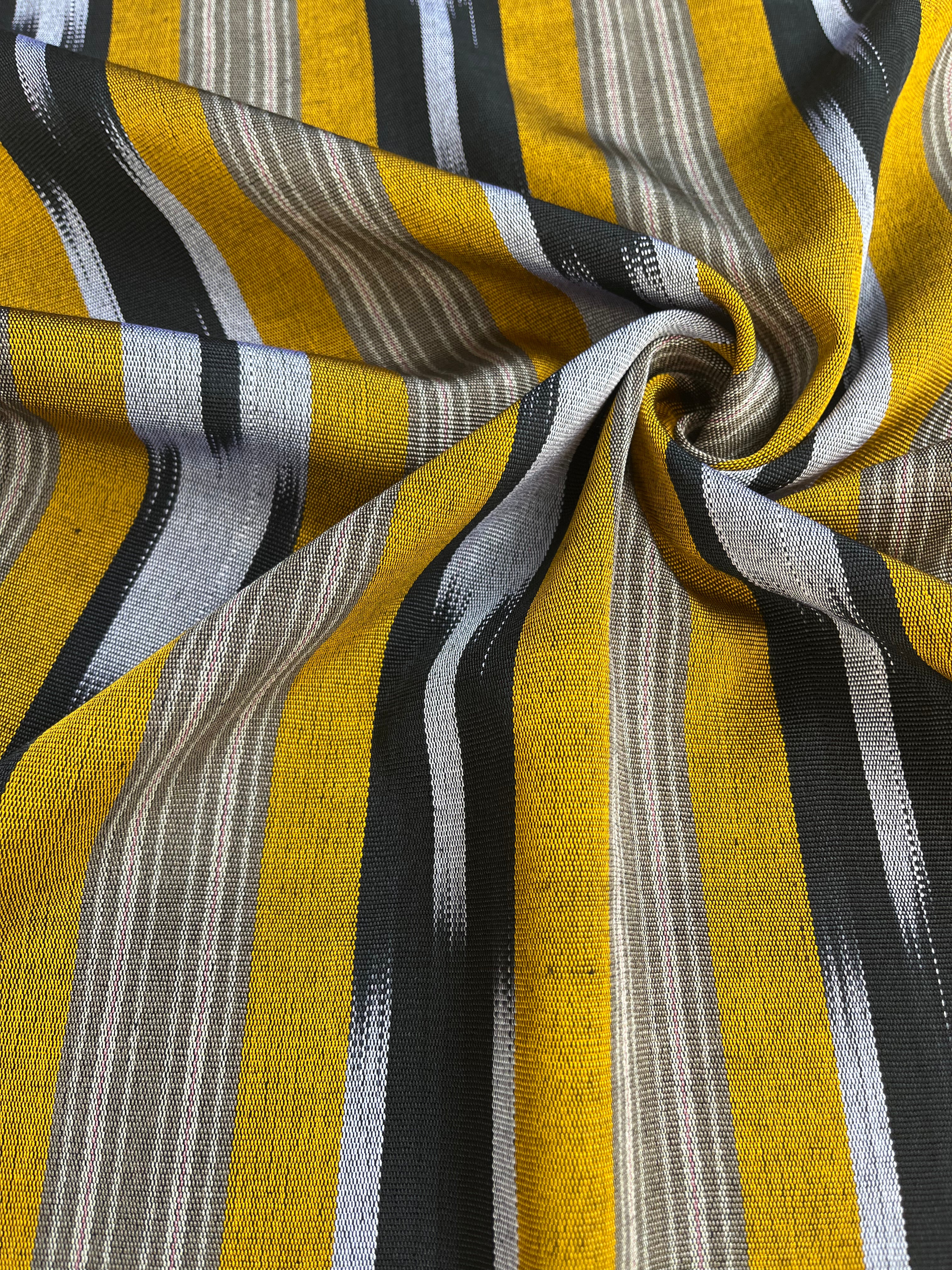 Yellow Ikat Striped Luxurious Silk Upholstery For Ottoman Headboard, Home Textile Interior Fabrics: Pillow Covers, Kimono-inspired Designs.