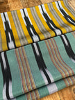 Yellow Ikat Striped Luxurious Silk Upholstery For Ottoman Headboard, Home Textile Interior Fabrics: Pillow Covers, Kimono-inspired Designs.