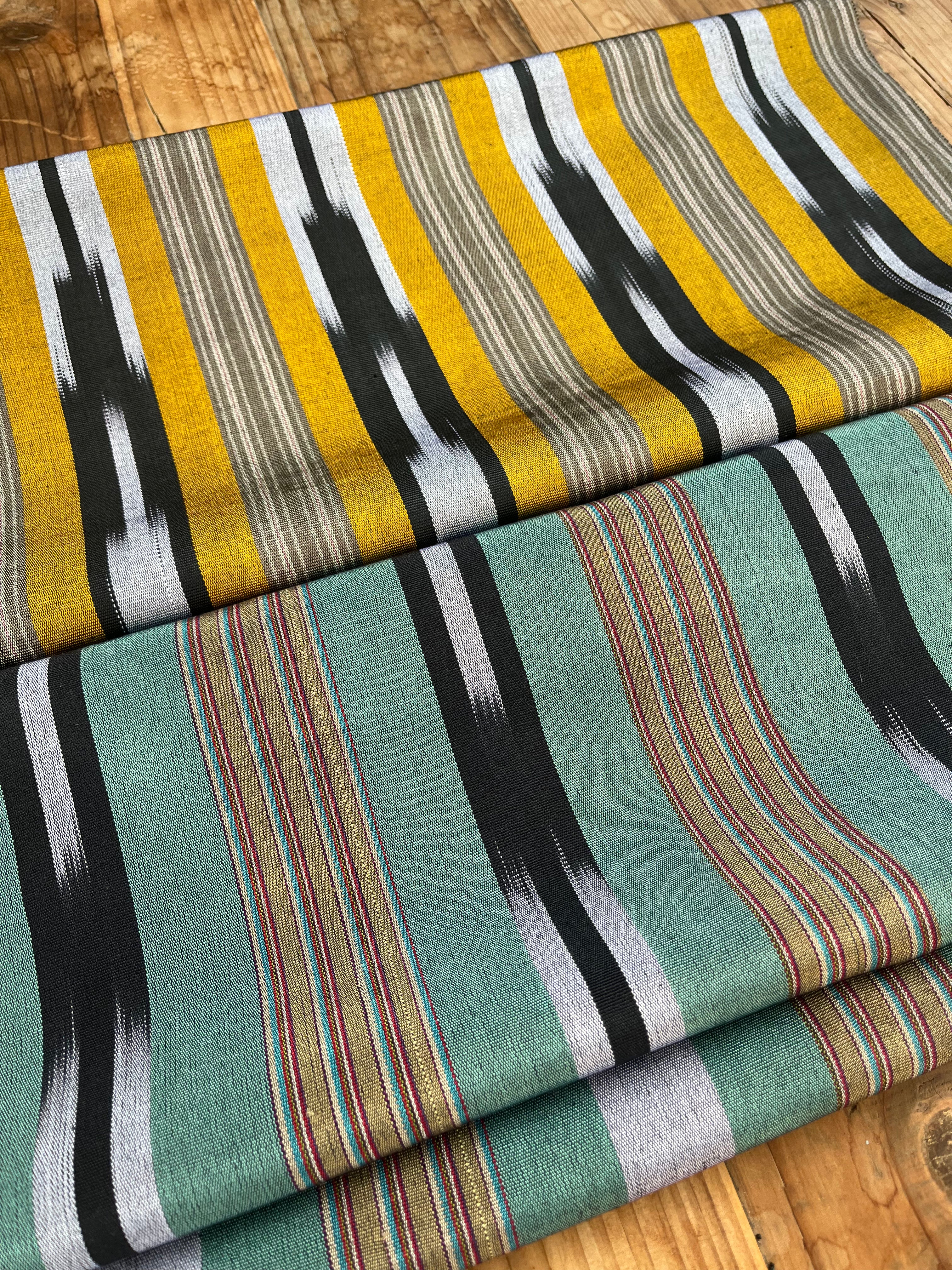 Yellow Ikat Striped Luxurious Silk Upholstery For Ottoman Headboard, Home Textile Interior Fabrics: Pillow Covers, Kimono-inspired Designs.