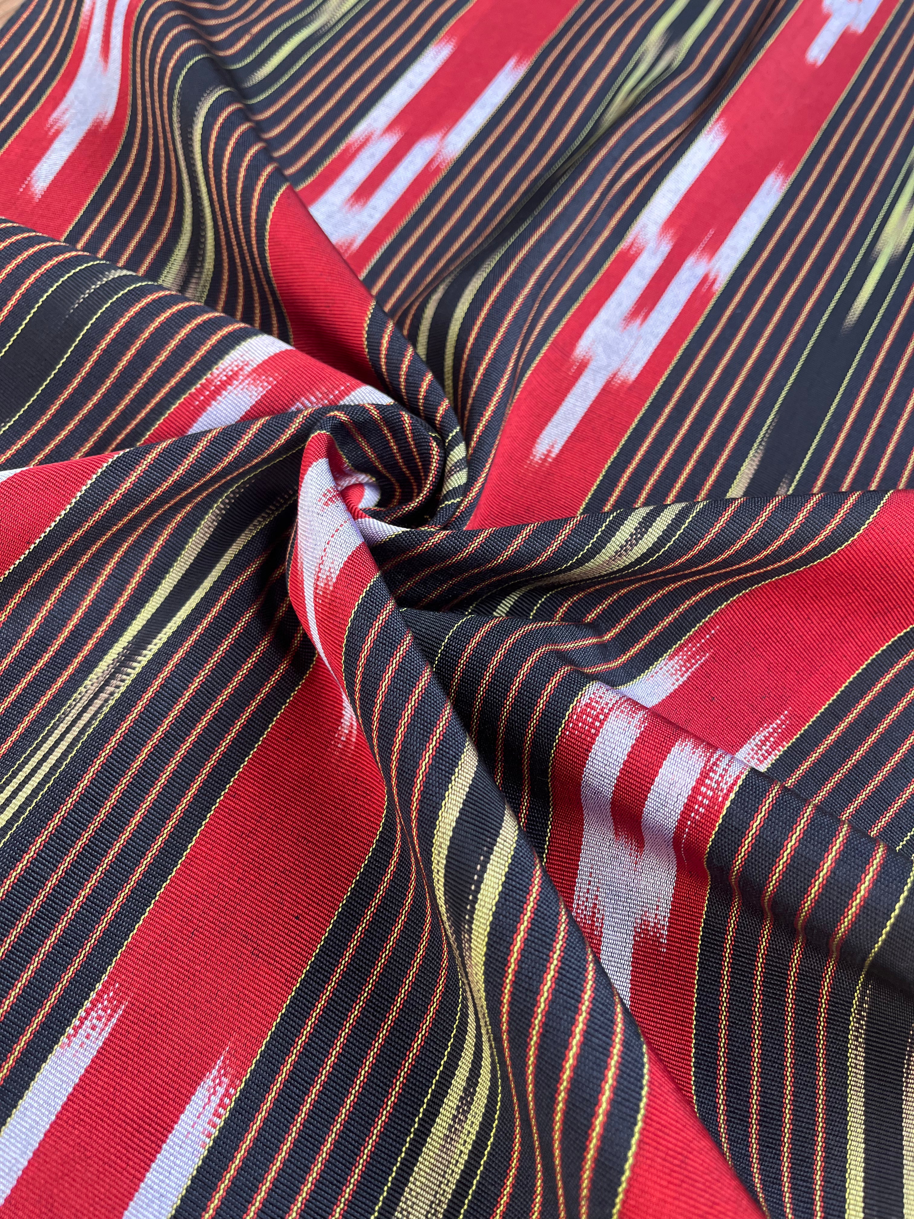 Red Black Ikat Striped Luxurious Silk Upholstery Fabric