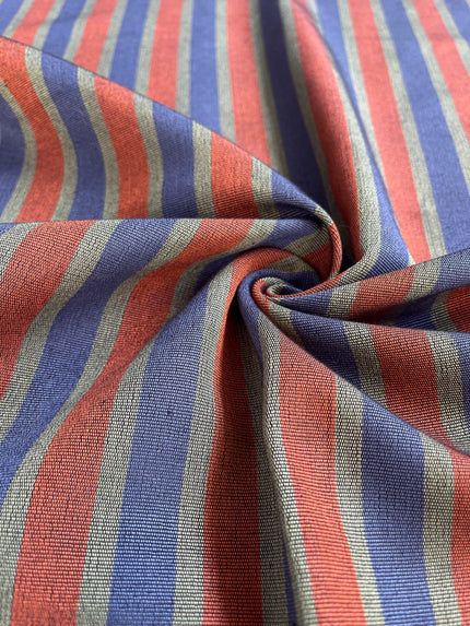 Blue-Red Striped Silk Fabric, Kutnu Fabric By The Meter.