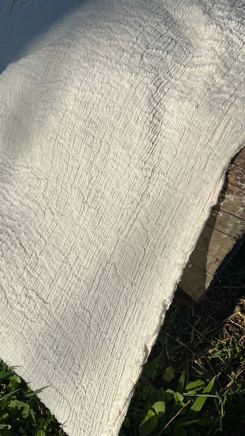 Neutral Stretchy Crinkle Cotton Fabric, Textured Surface,Off White Ivory Cotton Fabric, Light Weight.