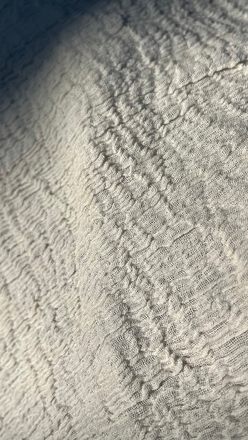 Neutral Stretchy Crinkle Cotton Fabric, Textured Surface,Off White Ivory Cotton Fabric, Light Weight.