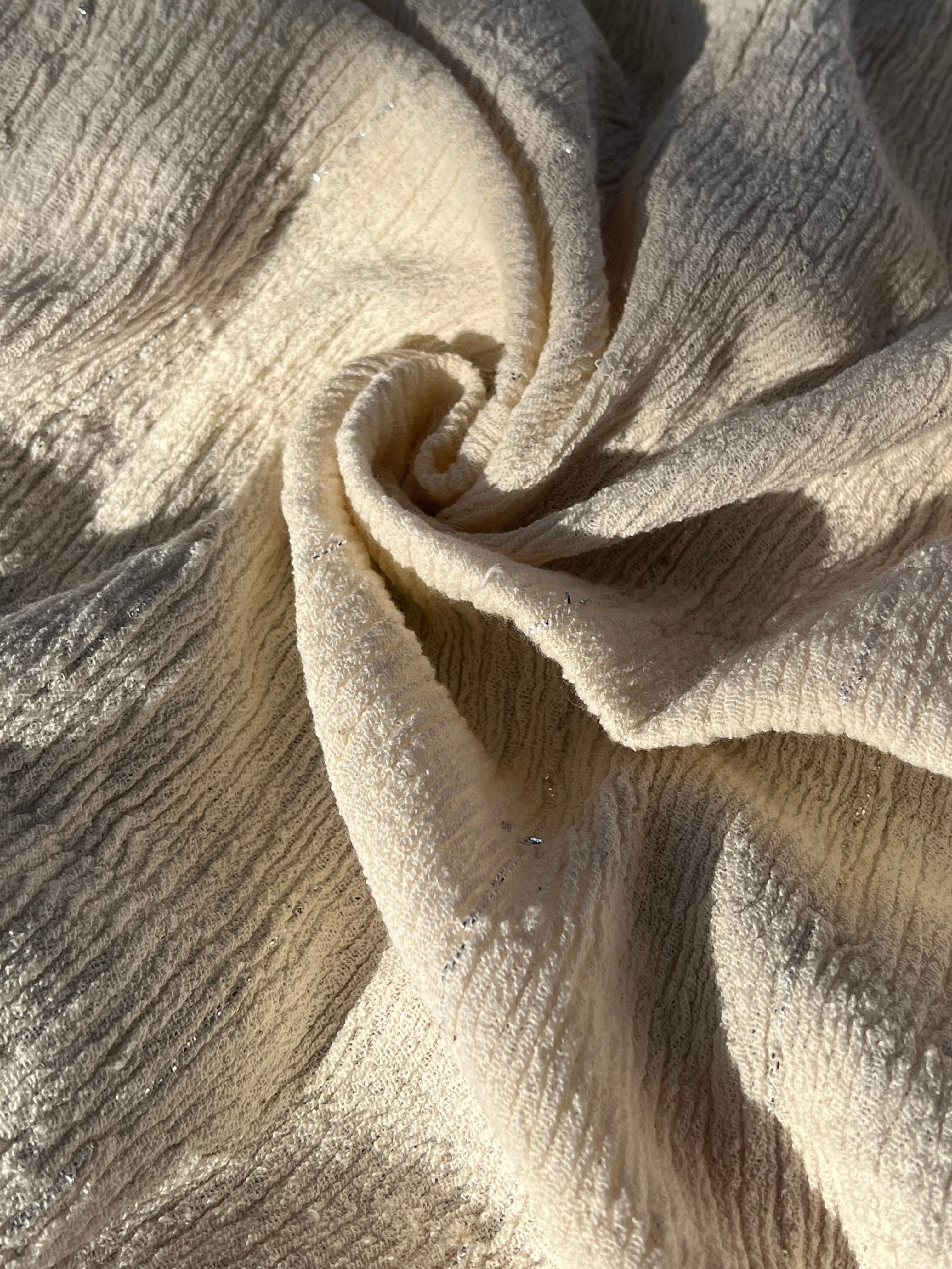 Neutral Stretchy Crinkle Cotton Fabric, Textured Surface Silver Glitter Stripes.