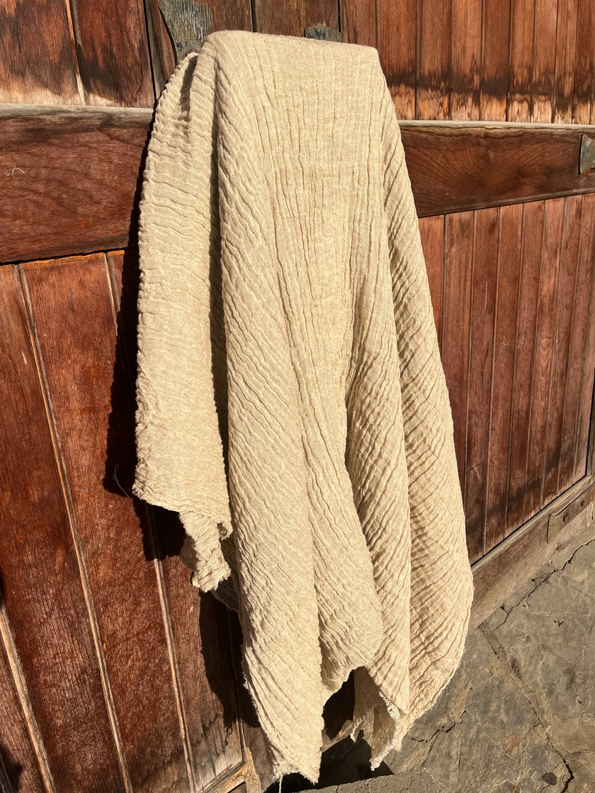 Neutral Stretchy Crinkle Linen Fabric, Textured Surface.