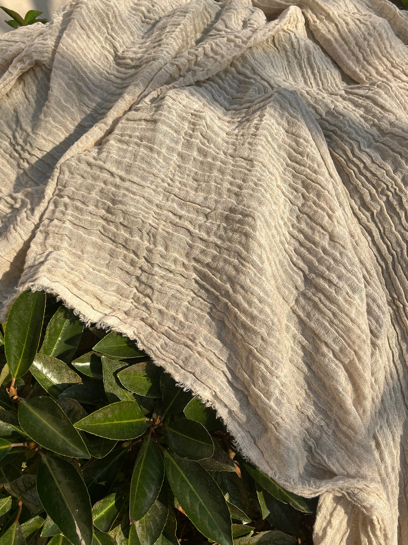 Neutral Stretchy Crinkle Linen Fabric, Textured Surface.