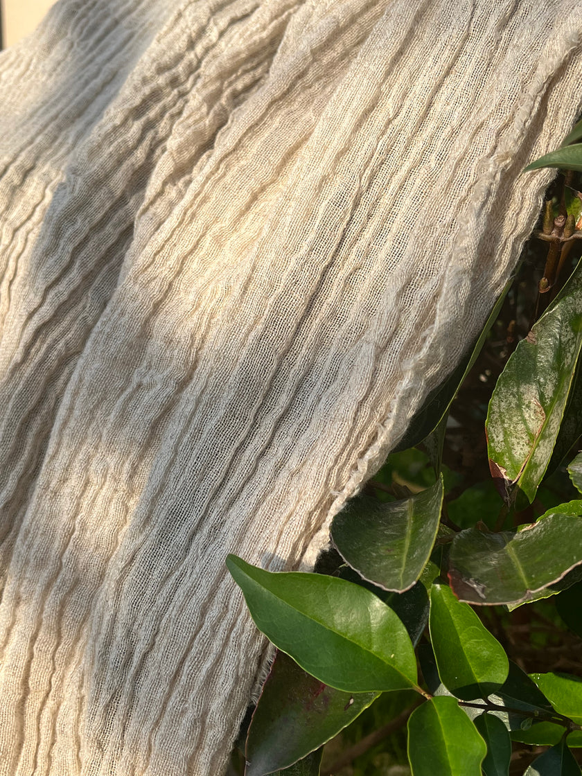 Neutral Stretchy Crinkle Linen Fabric, Textured Surface.