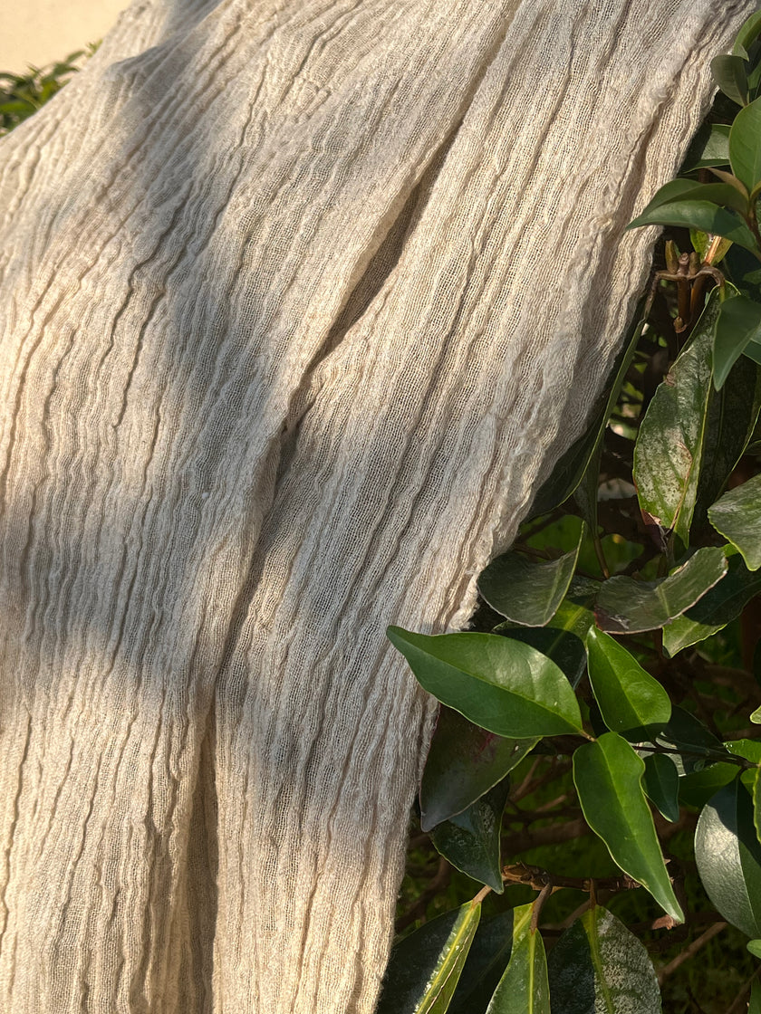 Neutral Stretchy Crinkle Linen Fabric, Textured Surface.