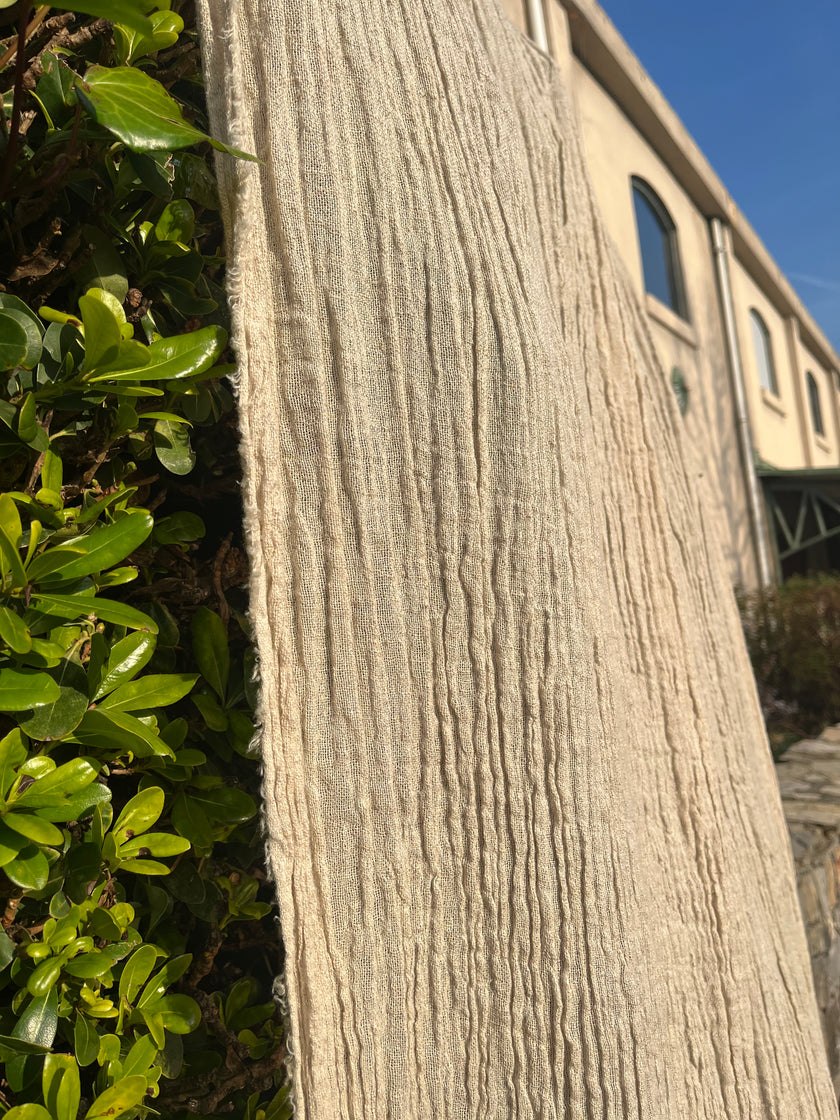 Neutral Stretchy Crinkle Linen Fabric, Textured Surface.