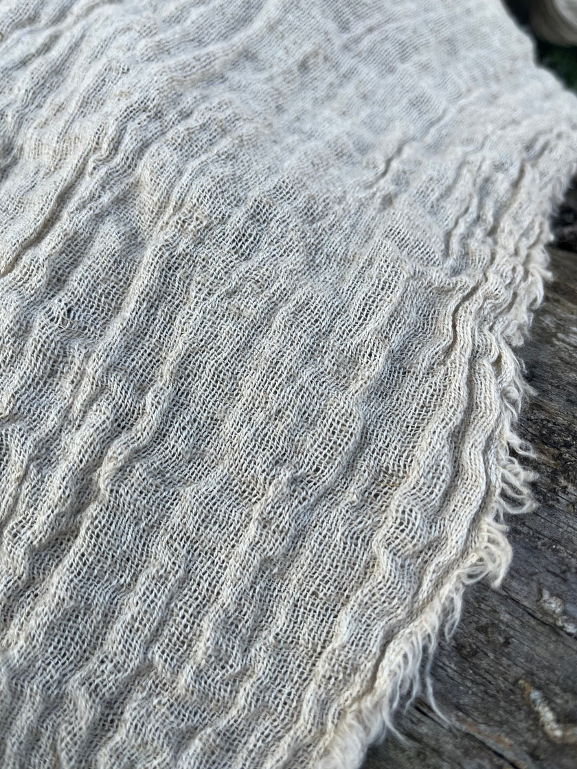 Neutral Stretchy Crinkle Linen Fabric, Textured Surface.