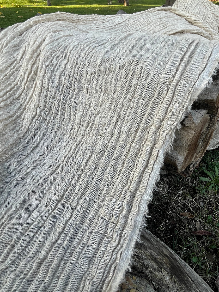 Neutral Stretchy Crinkle Linen Fabric, Textured Surface.