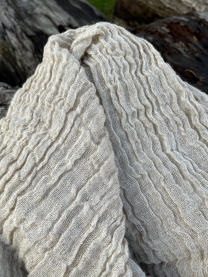 Neutral Stretchy Crinkle Linen Fabric, Textured Surface.
