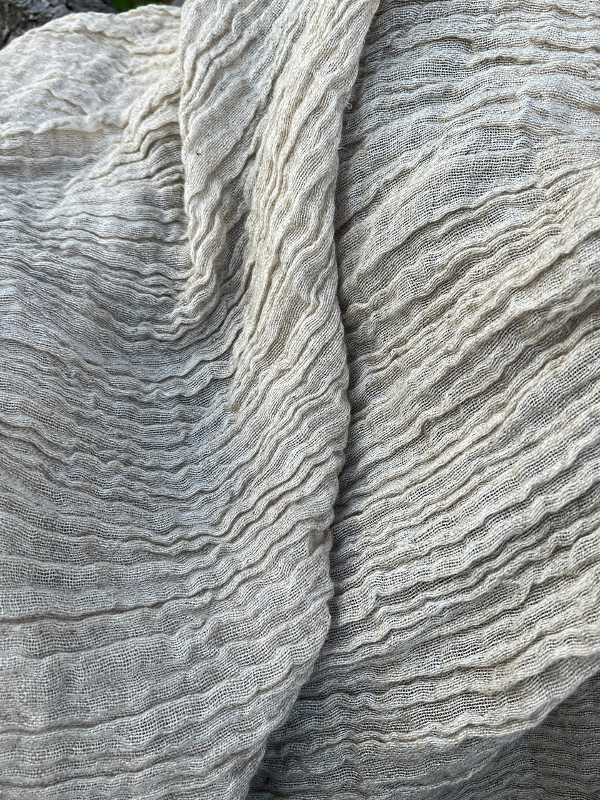 Neutral Stretchy Crinkle Linen Fabric, Textured Surface.