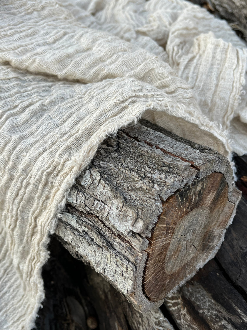 Neutral Stretchy Crinkle Linen Fabric, Textured Surface.